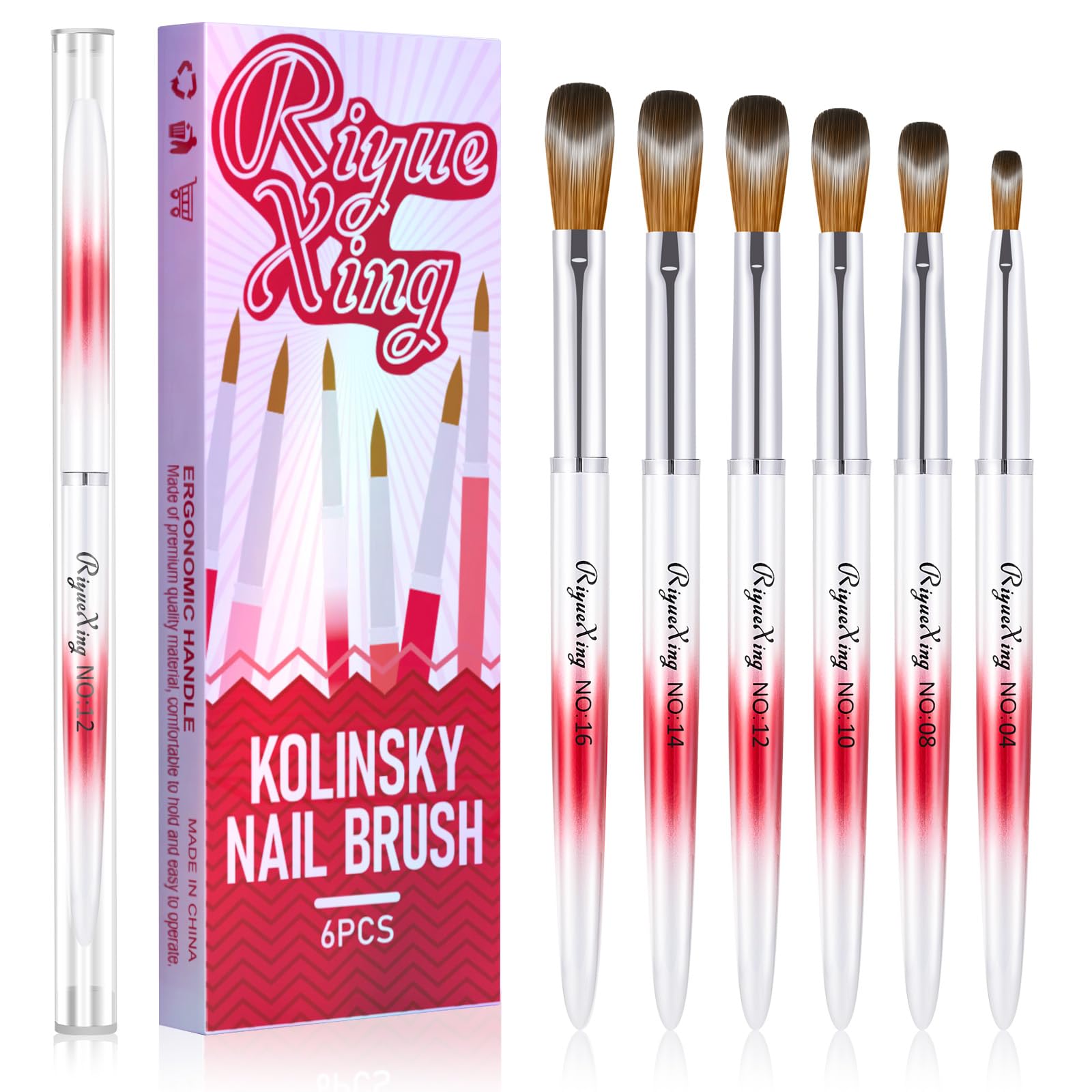 RIYUEXING 6PCS Acrylic Nail Brush Set – Kolinsky Hair, Red Metal Handle, Sizes 4/8/10/12/14/16