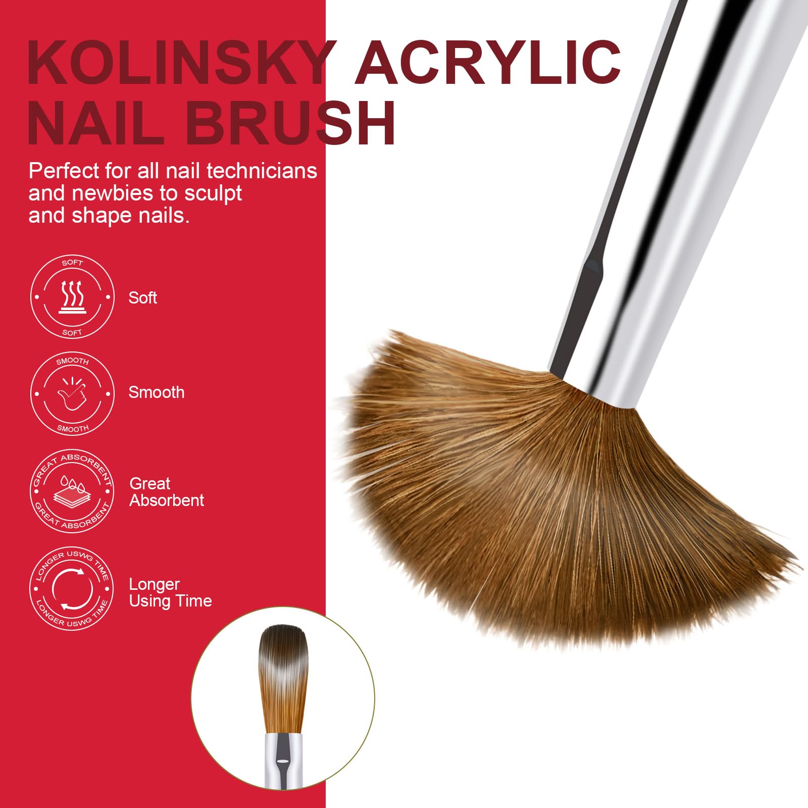 RIYUEXING 6PCS Acrylic Nail Brush Set – Kolinsky Hair, Red Metal Handle, Sizes 4/8/10/12/14/16