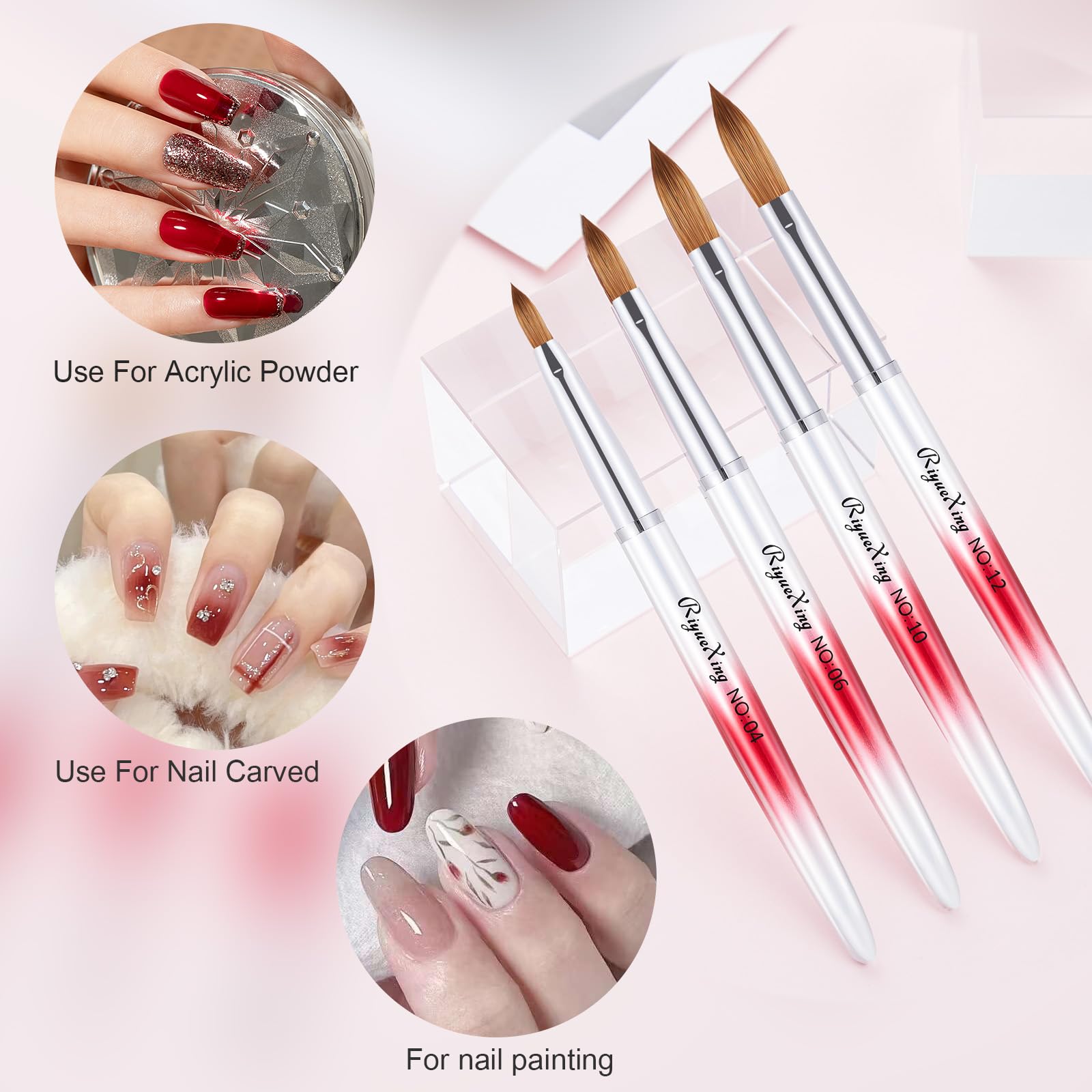 RIYUEXING 6PCS Acrylic Nail Brush Set – Kolinsky Hair, Red Metal Handle, Sizes 4/8/10/12/14/16