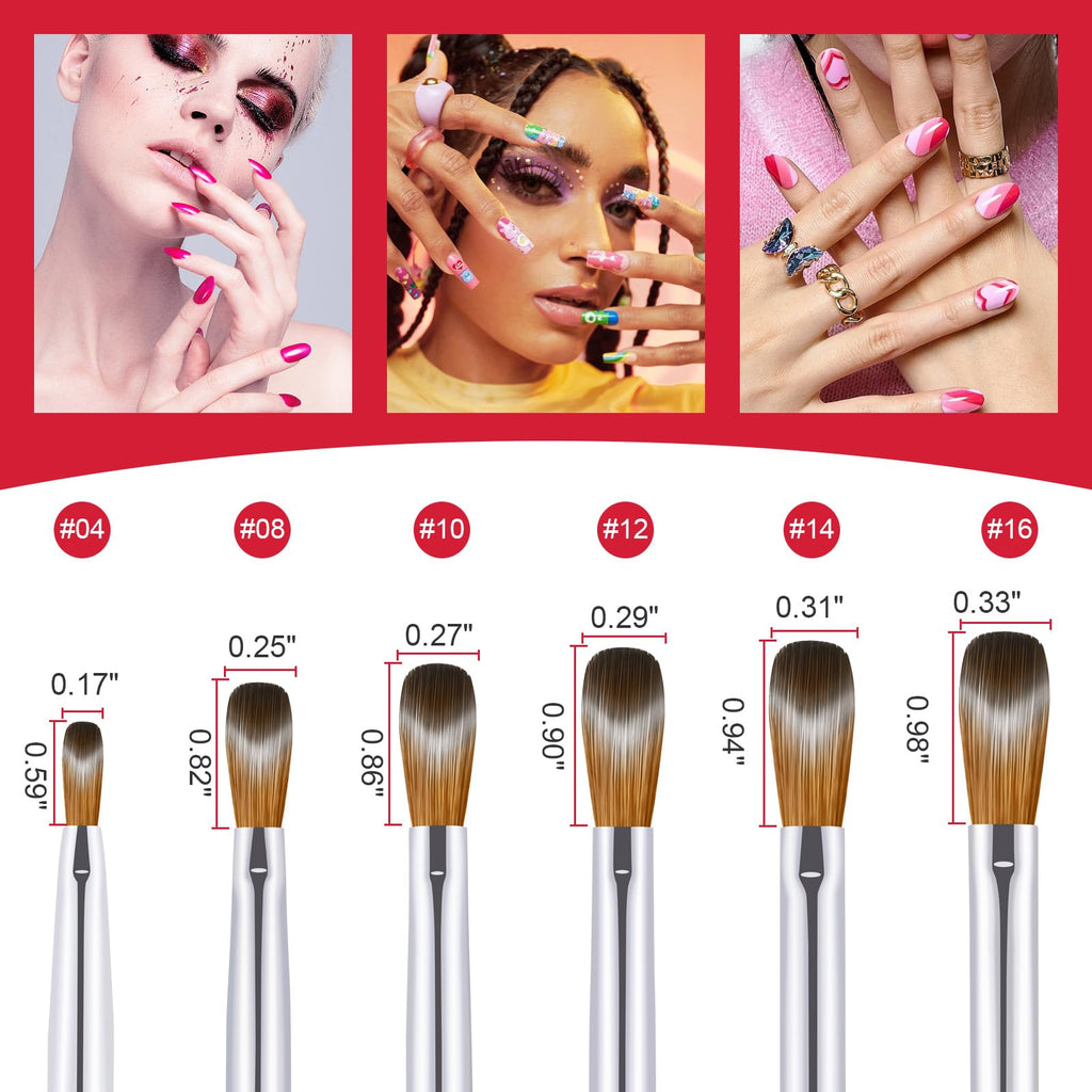 RIYUEXING 6PCS Acrylic Nail Brush Set – Kolinsky Hair, Red Metal Handle, Sizes 4/8/10/12/14/16