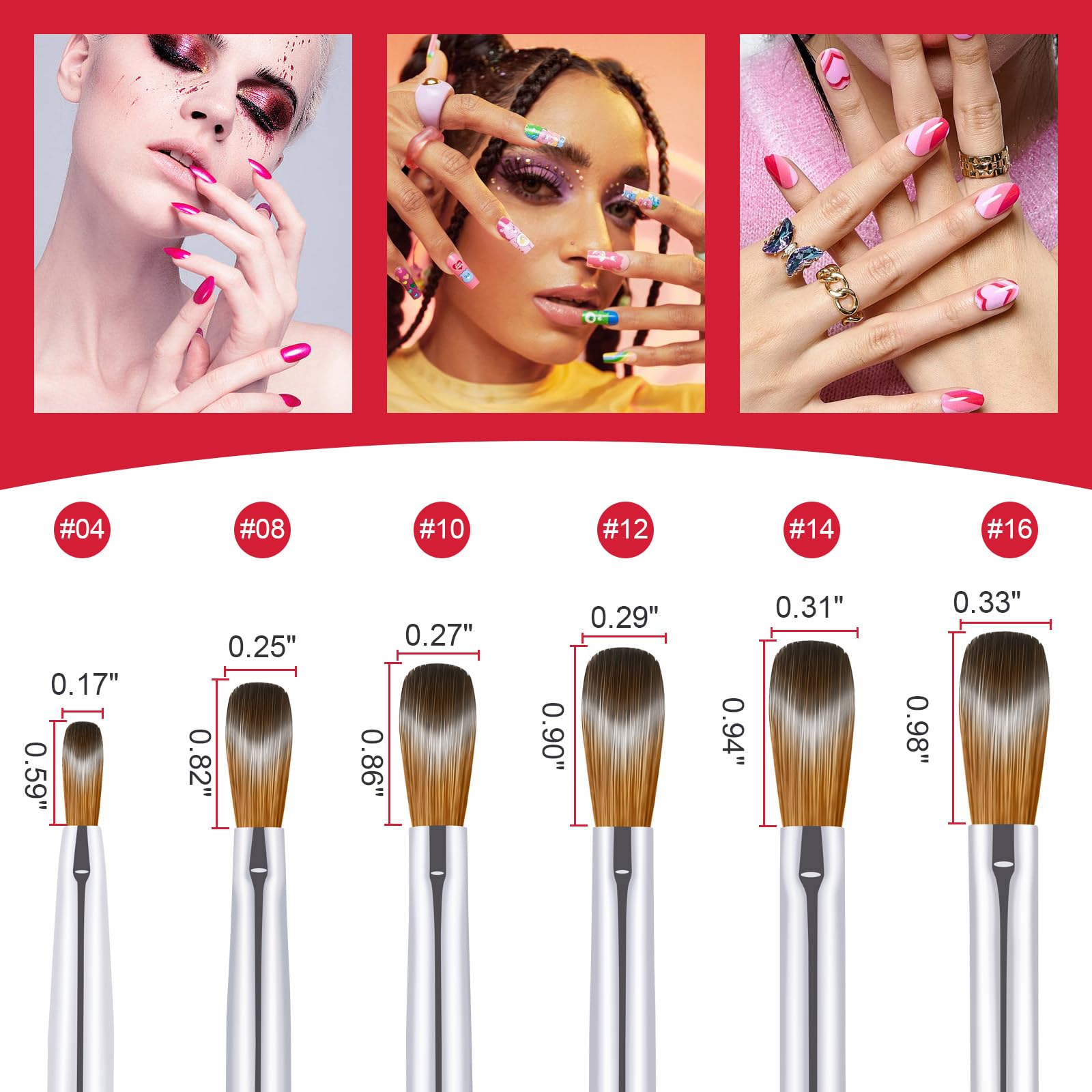 RIYUEXING 6PCS Acrylic Nail Brush Set – Kolinsky Hair, Red Metal Handle, Sizes 4/8/10/12/14/16