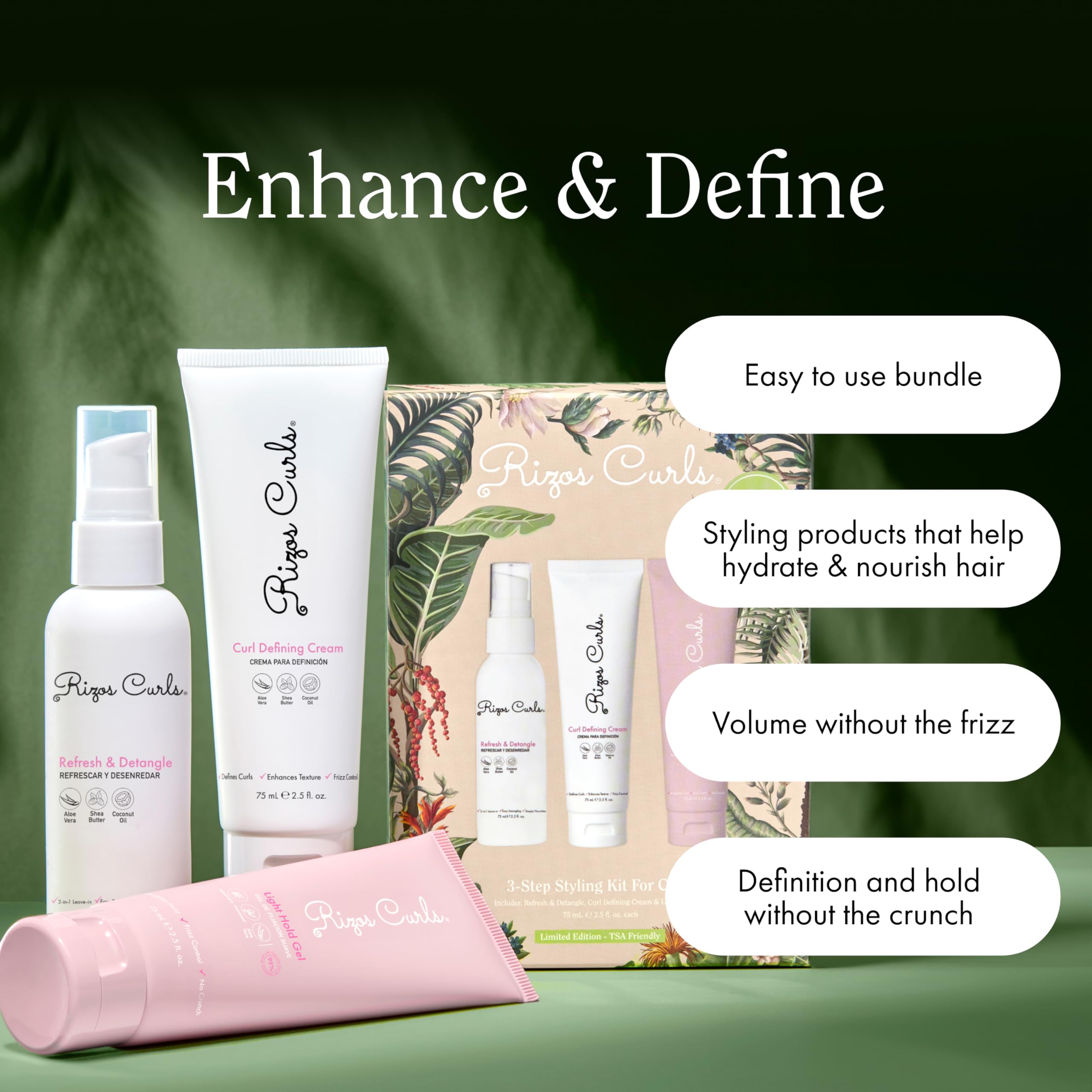 Rizos Curls 3-Step Styling Kit: Curl Cream, Light Hold Gel & Refresh Spray – Sulfate & Paraben Free