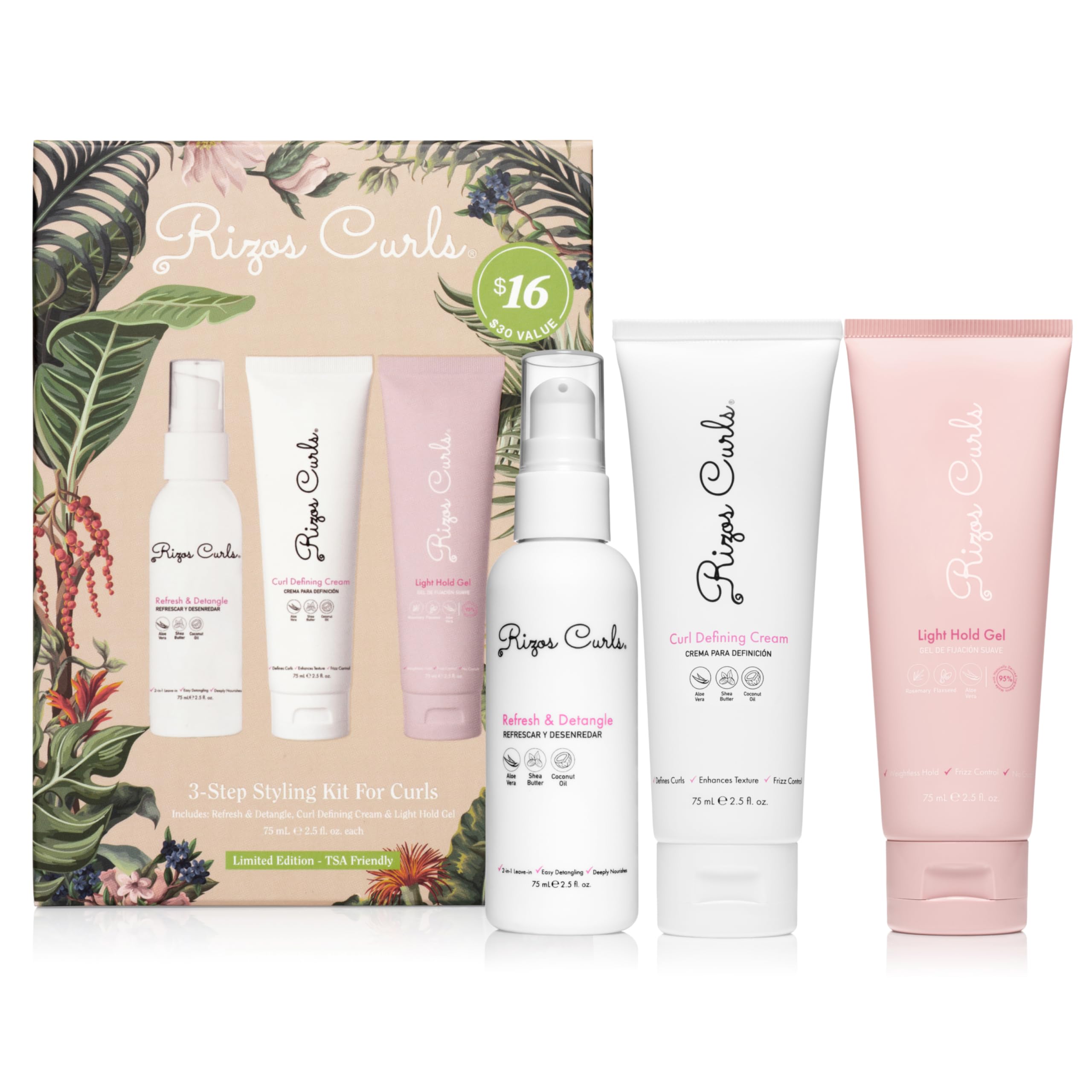 Rizos Curls 3-Step Styling Kit: Curl Cream, Light Hold Gel & Refresh Spray – Sulfate & Paraben Free