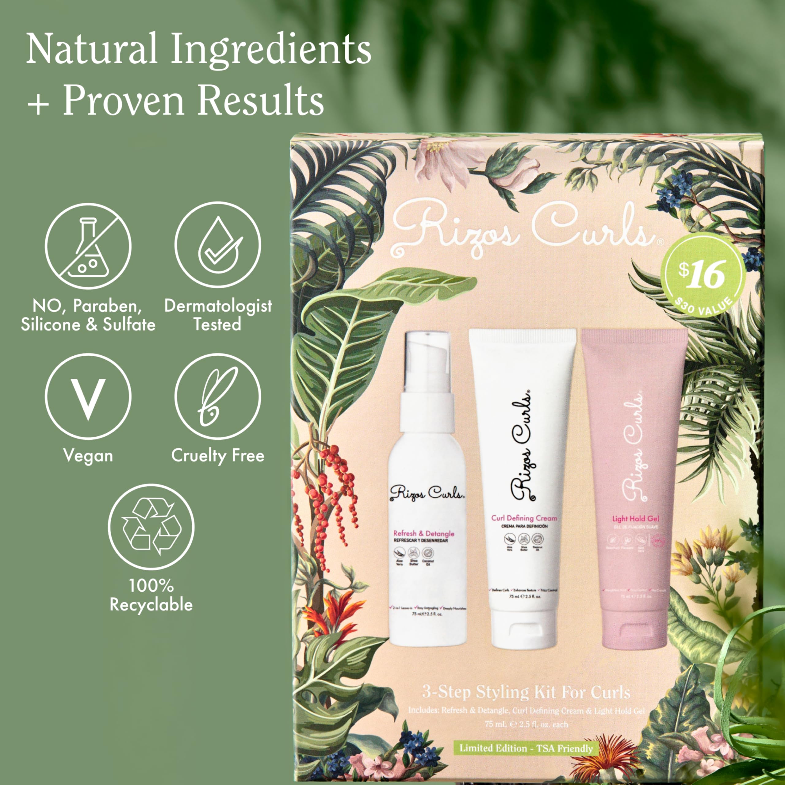 Rizos Curls 3-Step Styling Kit: Curl Cream, Light Hold Gel & Refresh Spray – Sulfate & Paraben Free