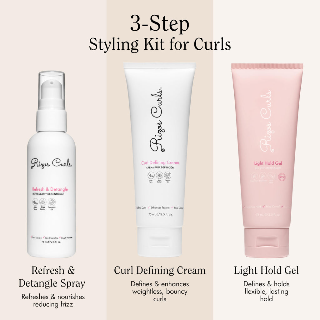 Rizos Curls 3-Step Styling Kit: Curl Cream, Light Hold Gel & Refresh Spray – Sulfate & Paraben Free