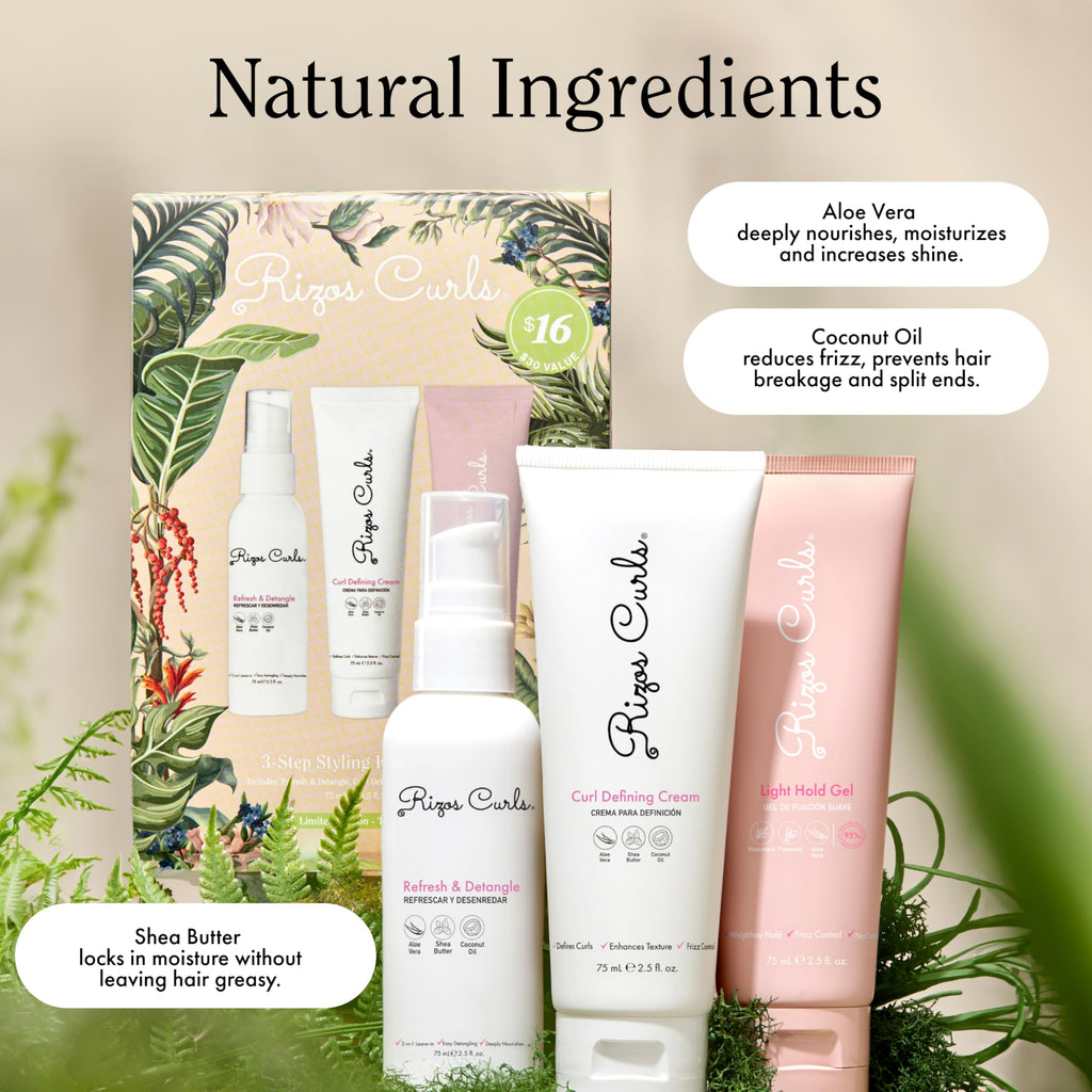 Rizos Curls 3-Step Styling Kit: Curl Cream, Light Hold Gel & Refresh Spray – Sulfate & Paraben Free
