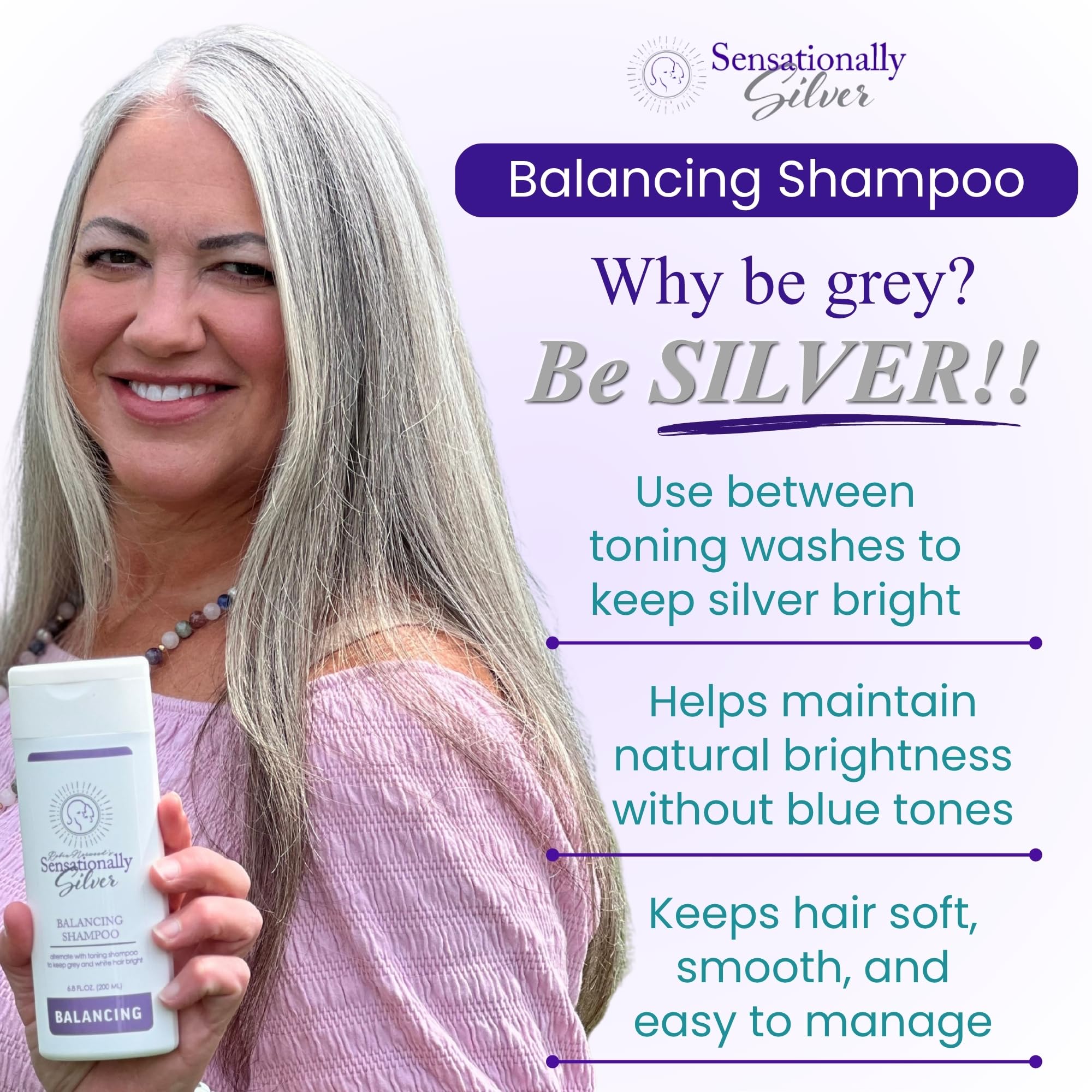 Robin Norwood's Sensationally Silver Balancing Shampoo – Grey & White Hair, Gentle, Prevents Over-Toning | 6.8 oz