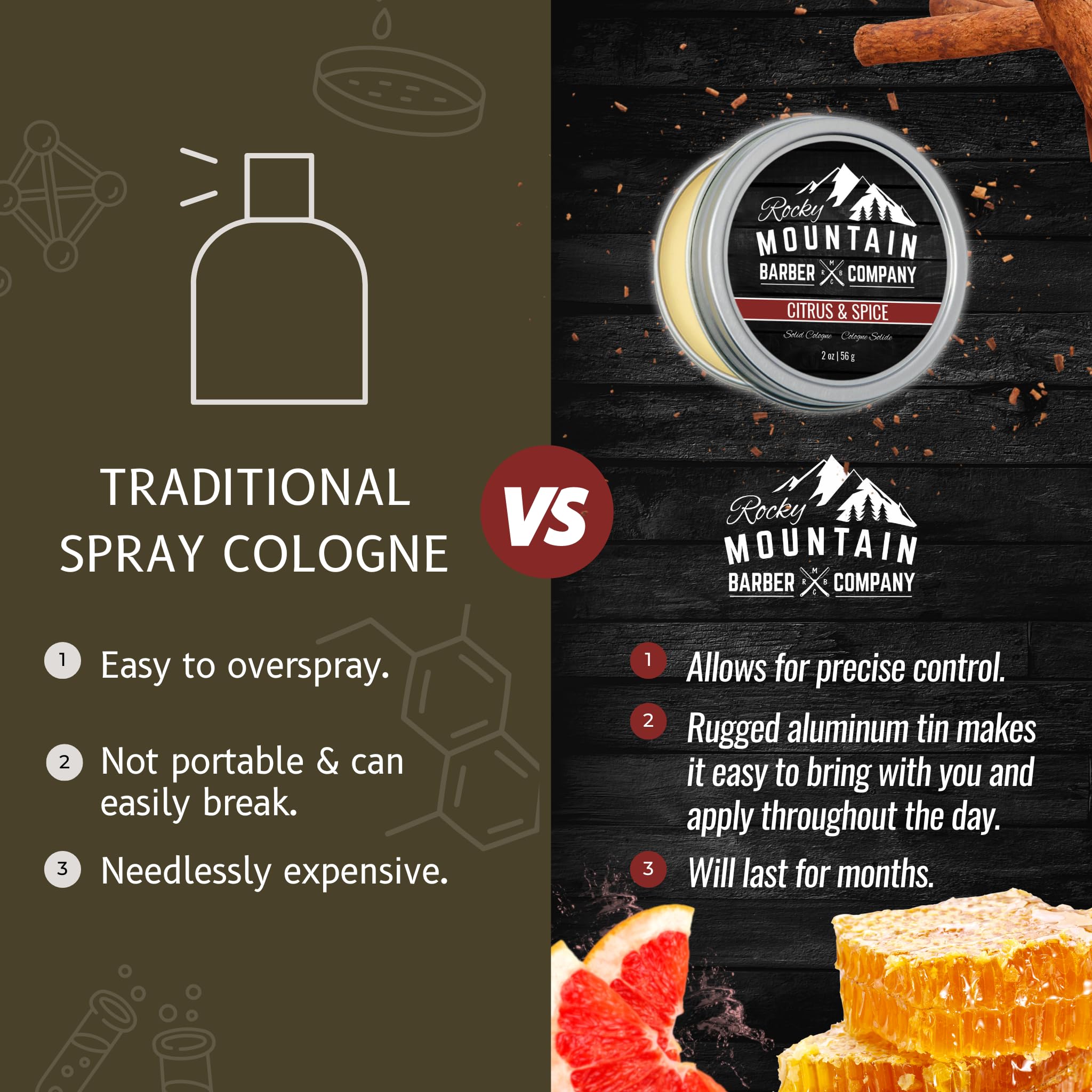 Rocky Mountain Barber Company Solid Cologne for Men – Citrus & Spice, 2 oz