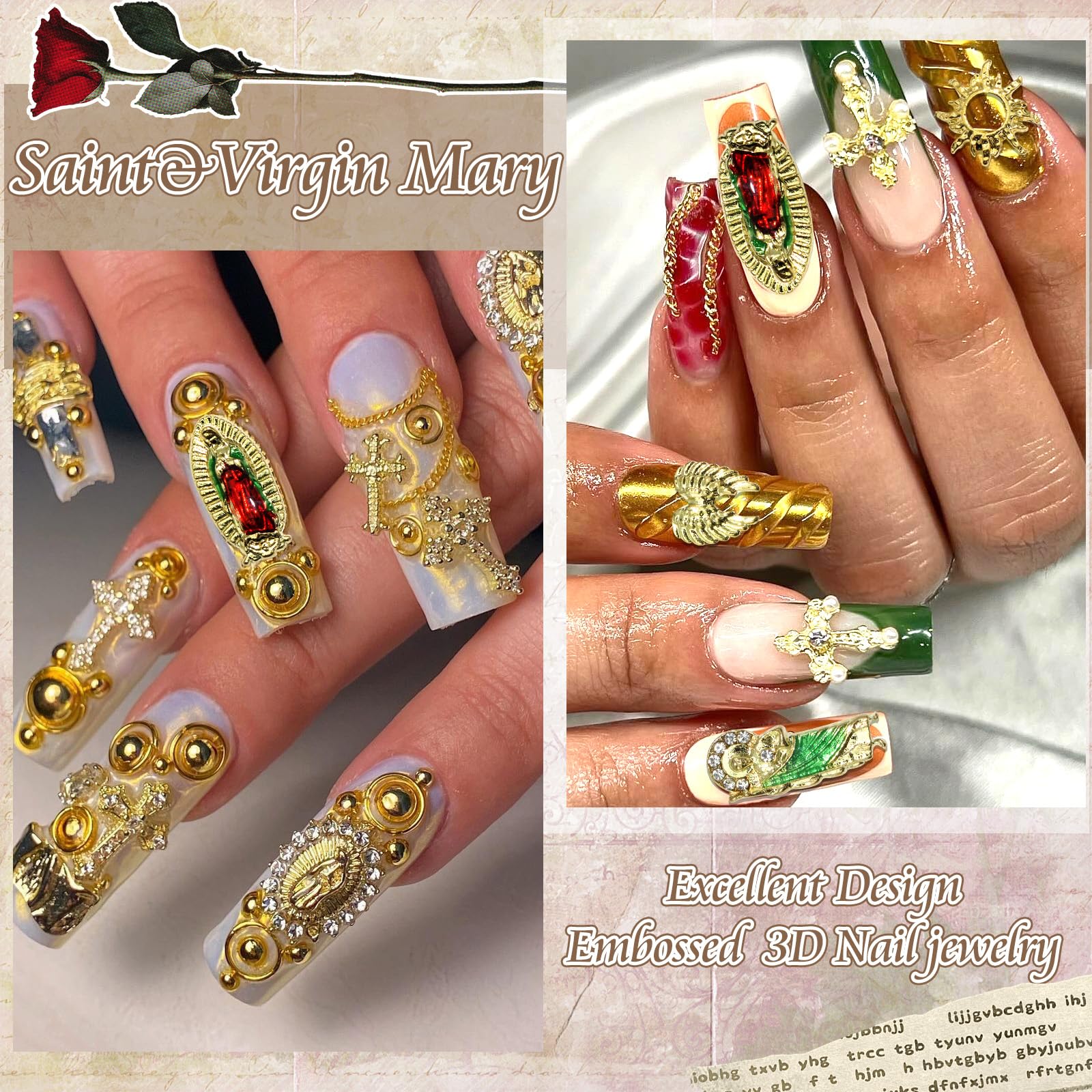 Rodaky 60pcs Gold Nail Charms – Virgin Mary, 3D Heart, Cross & Rose Nail Art