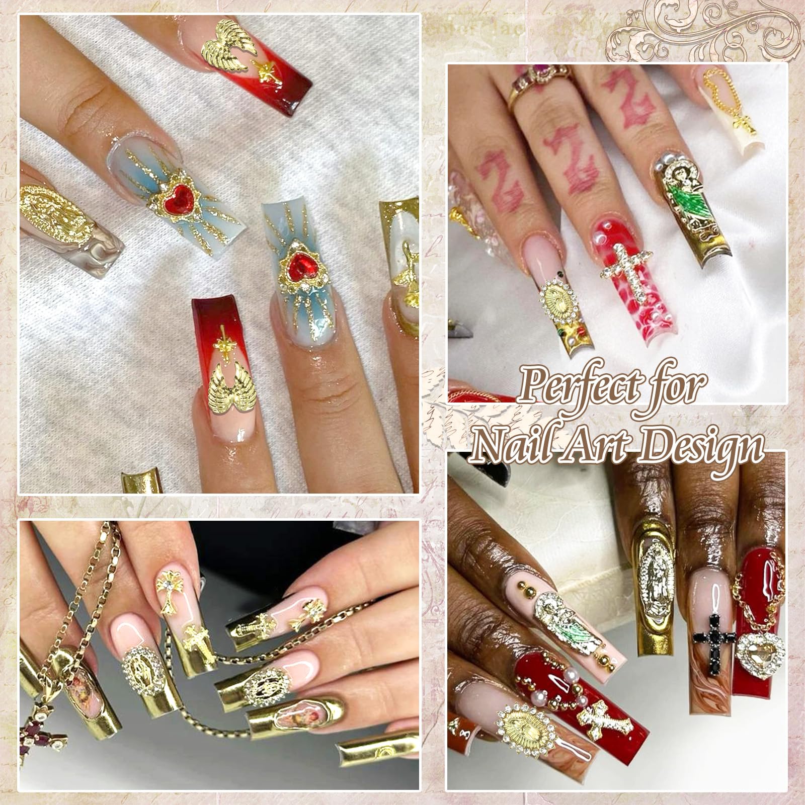 Rodaky 60pcs Gold Nail Charms – Virgin Mary, 3D Heart, Cross & Rose Nail Art