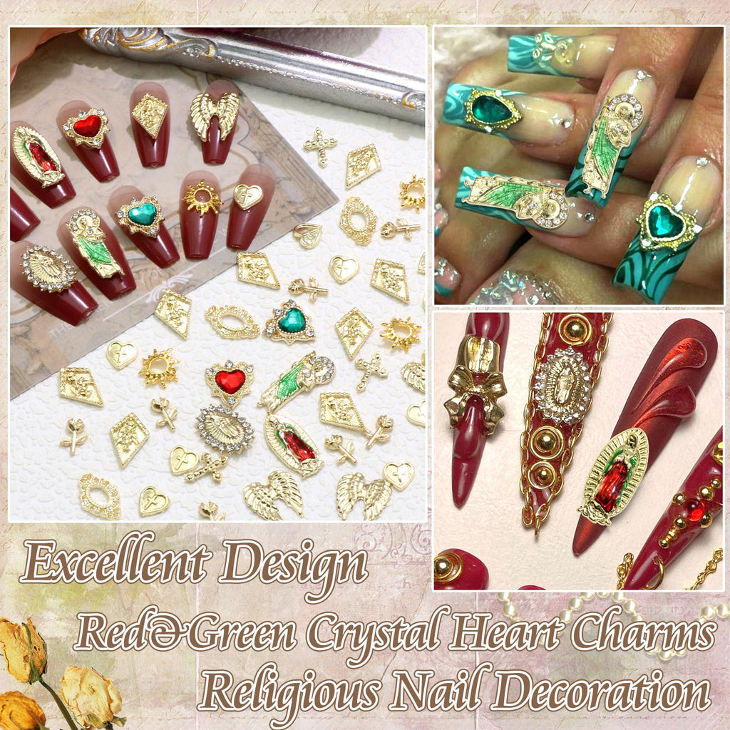 Rodaky 60pcs Gold Nail Charms – Virgin Mary, 3D Heart, Cross & Rose Nail Art
