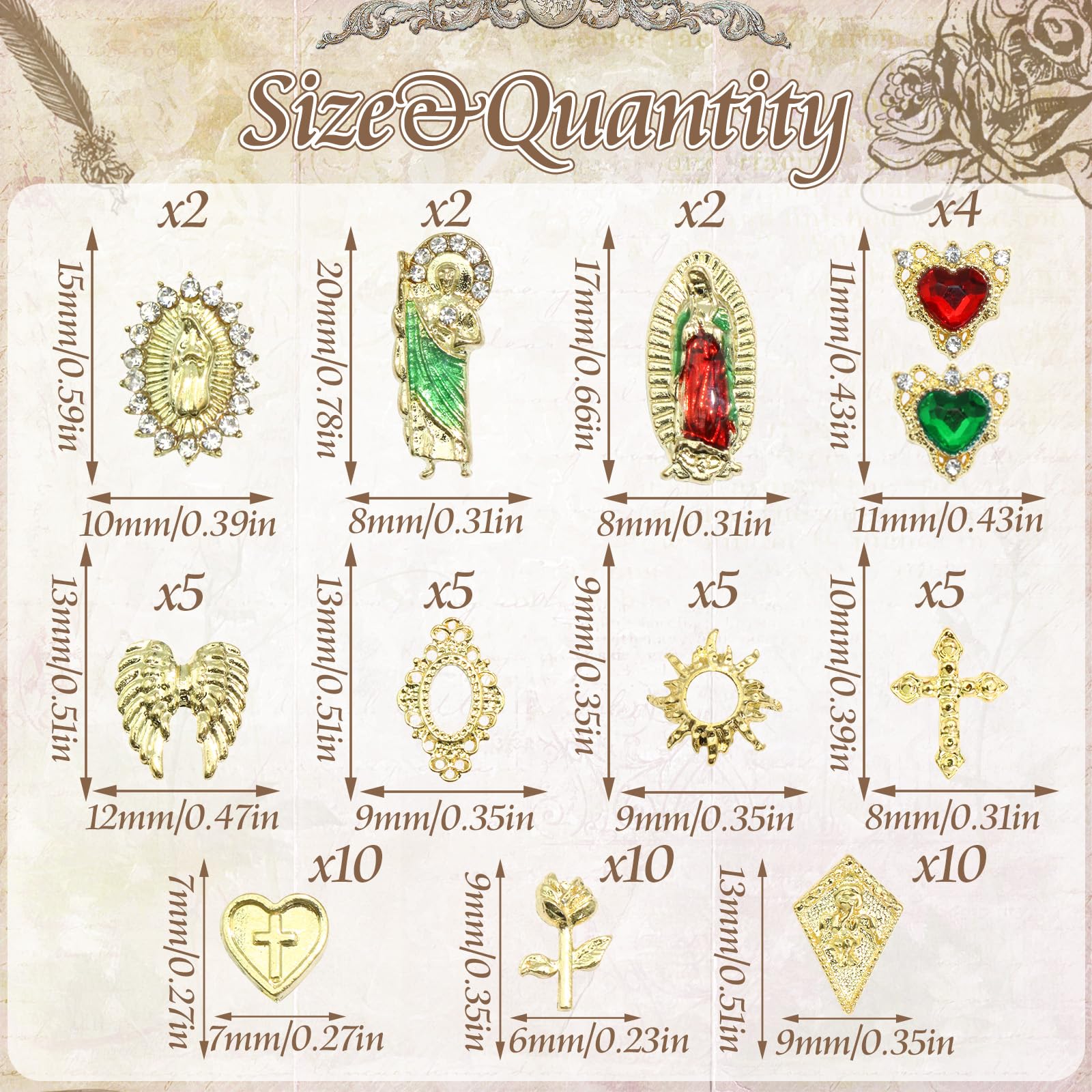Rodaky 60pcs Gold Nail Charms – Virgin Mary, 3D Heart, Cross & Rose Nail Art