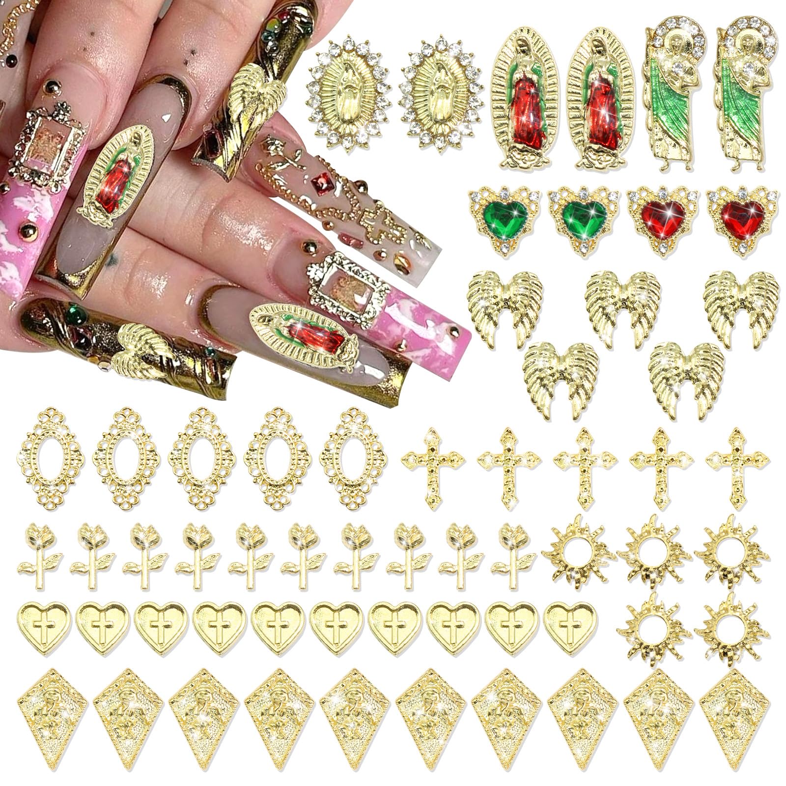 Rodaky 60pcs Gold Nail Charms – Virgin Mary, 3D Heart, Cross & Rose Nail Art