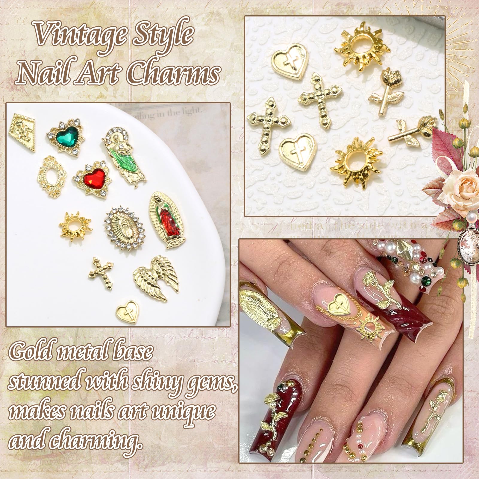 Rodaky 60pcs Gold Nail Charms – Virgin Mary, 3D Heart, Cross & Rose Nail Art