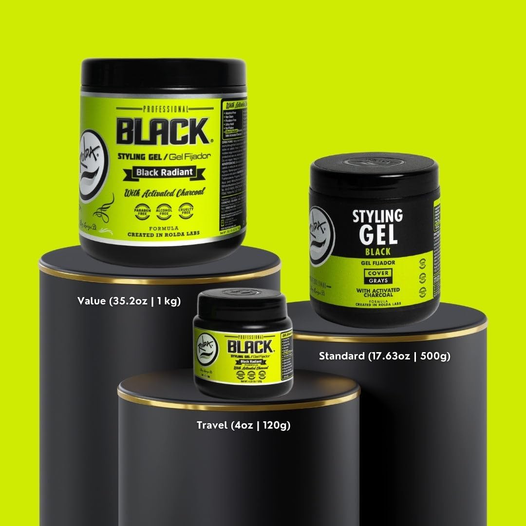 Rolda Black Styling Gel - Medium-Strong Hold, Medium Shine, Activated Charcoal, 2-Pack (17.6oz)