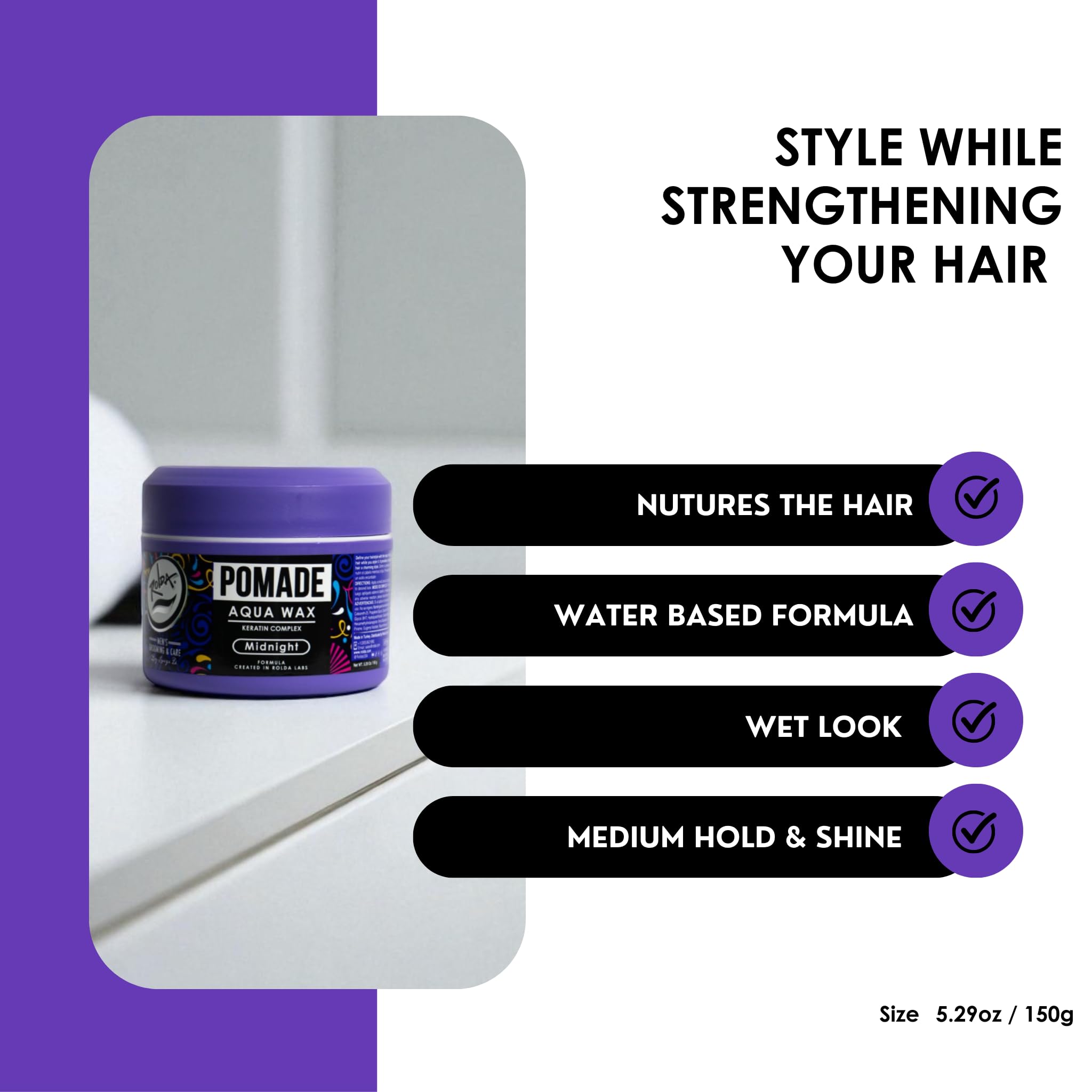 Rolda Midnight Hair Pomade for Men — Water-Based, Medium Hold & Shine