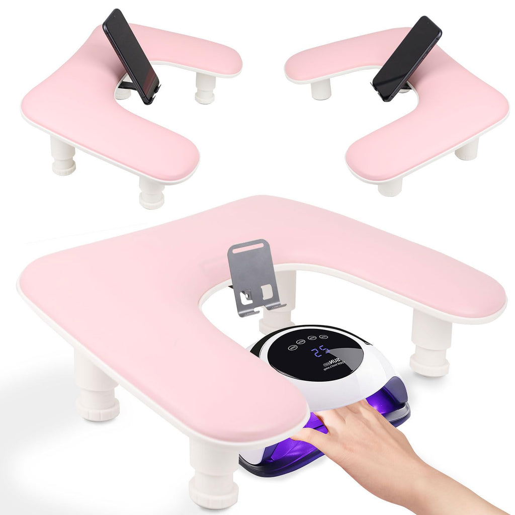 Rolomanve Arm Rest for Nails Tech with Built-in Phone Holder – Pink | U-Shaped, Adjustable Base