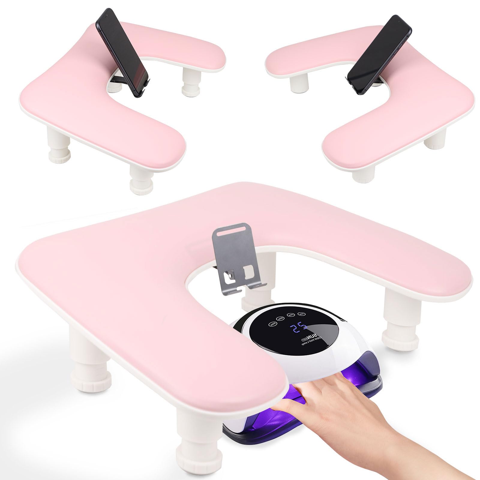 Rolomanve Arm Rest for Nails Tech with Built-in Phone Holder – Pink | U-Shaped, Adjustable Base