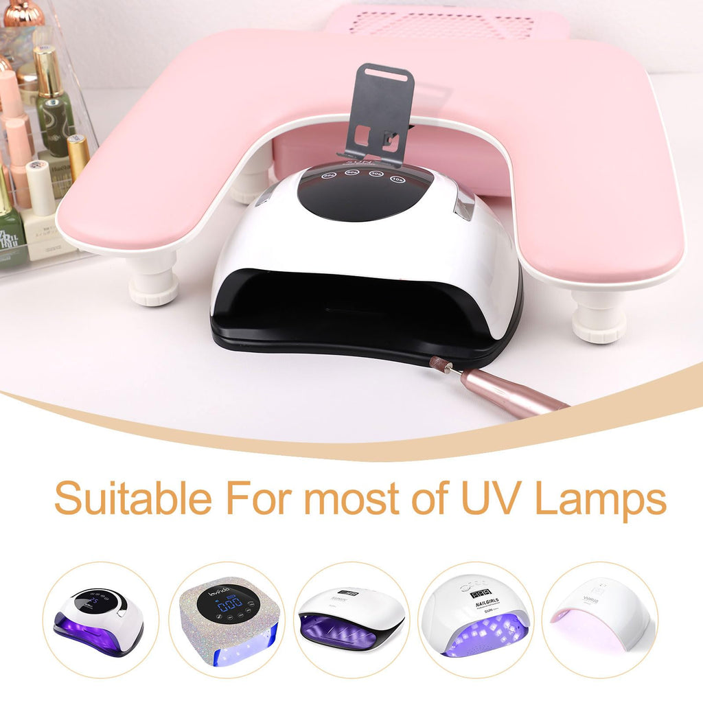 Rolomanve Arm Rest for Nails Tech with Built-in Phone Holder – Pink | U-Shaped, Adjustable Base