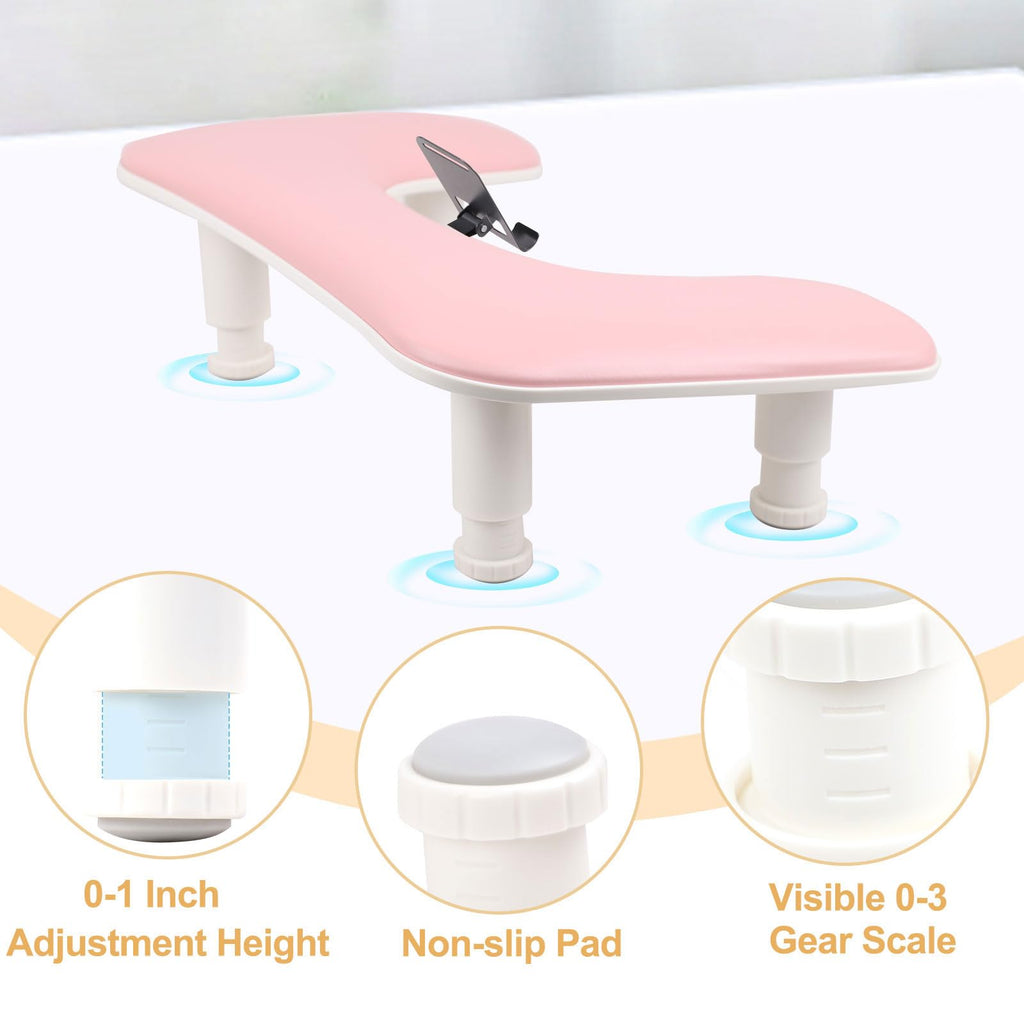 Rolomanve Arm Rest for Nails Tech with Built-in Phone Holder – Pink | U-Shaped, Adjustable Base