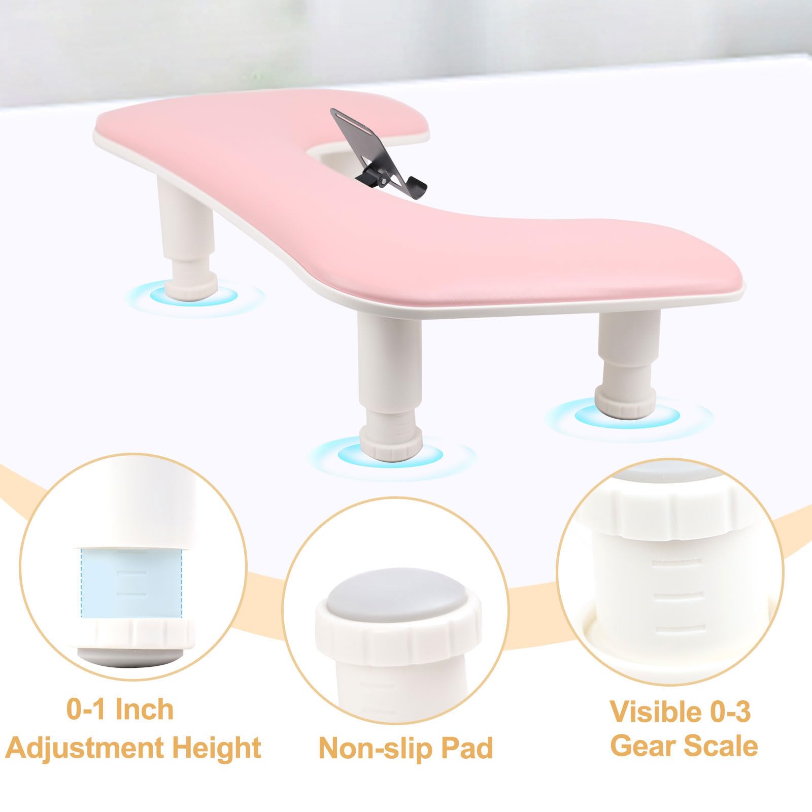 Rolomanve Arm Rest for Nails Tech with Built-in Phone Holder – Pink | U-Shaped, Adjustable Base