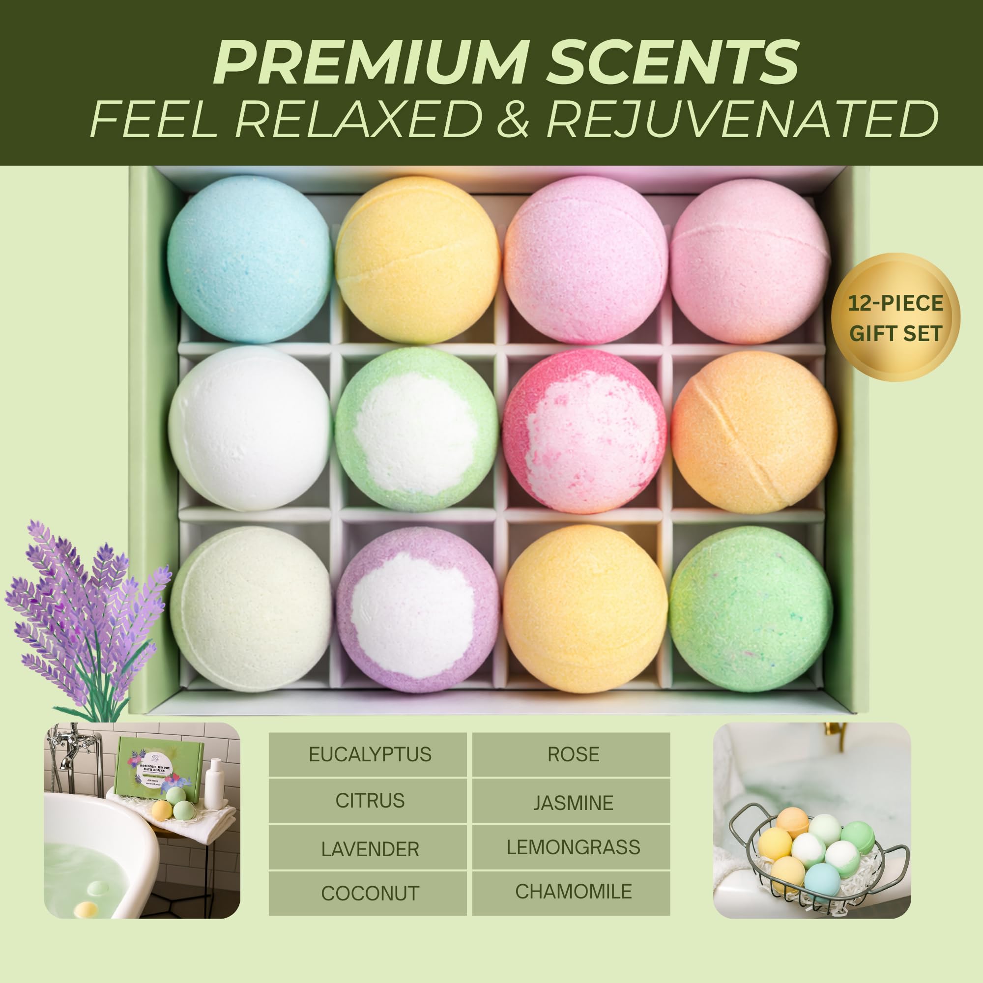 Romancy Bath Bombs Gift Set – 12 Aromatherapy Fizzies with Lavender and Eucalyptus
