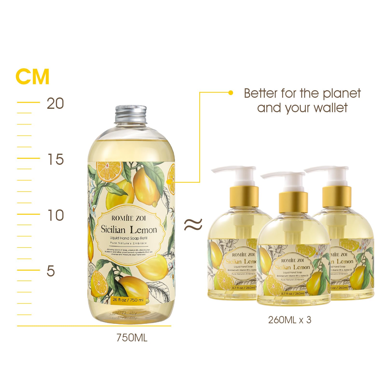 ROMIIE ZOI Lemon Scent Liquid Hand Soap Refills – Natural, Gentle & Moisturizing Formula – Family Size 3 Pack for Kitchen & Bathroom