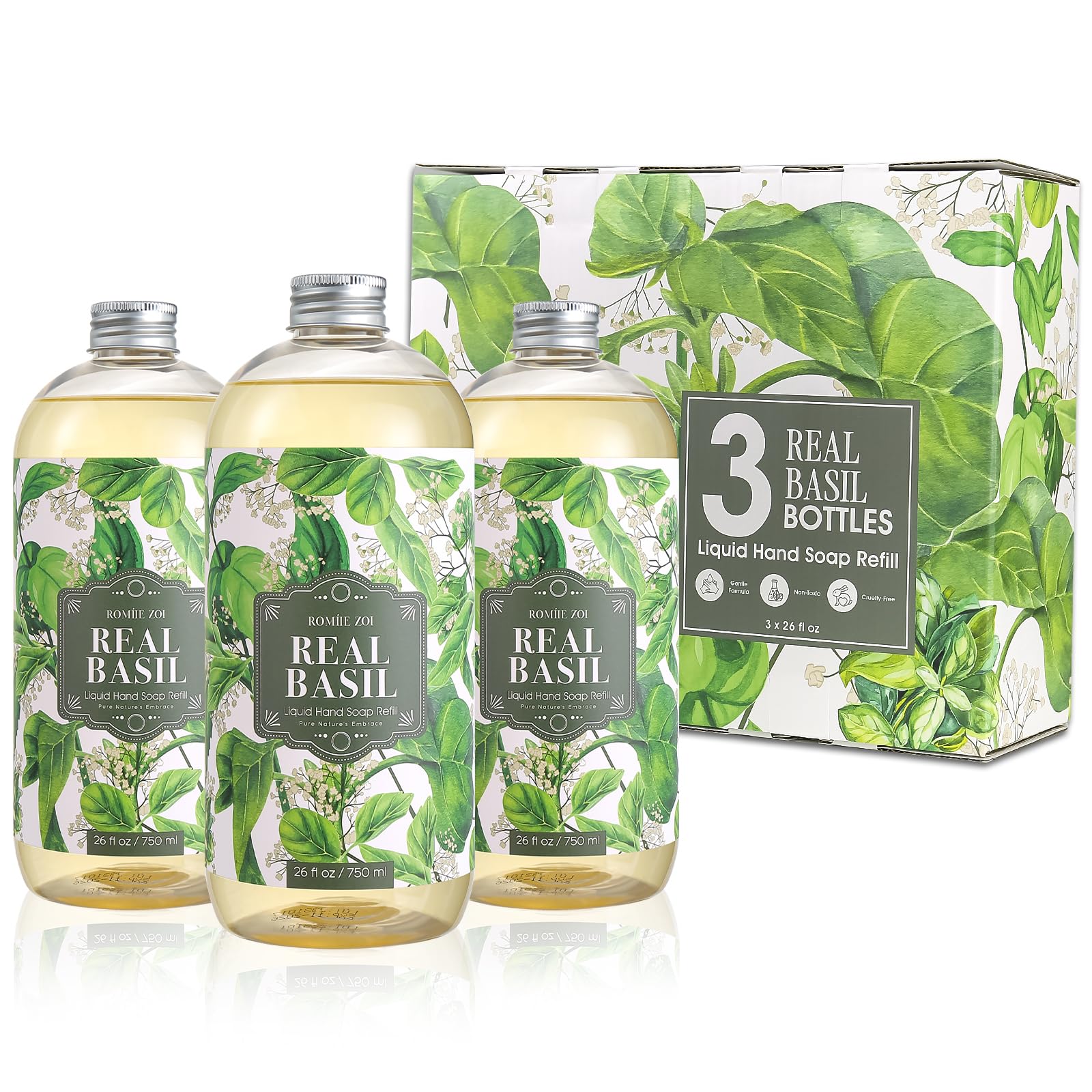 ROMIIE ZOI Basil Hand Soap Refill Gift Set – 3 x 26oz, Plant-Based & Gentle
