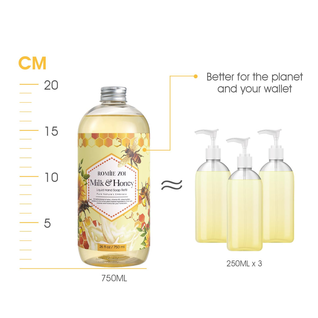 ROMIIE ZOI Liquid Hand Soap Refill Gift Set – 3 Pack (26 Fl Oz Each) Honey & Milk Scent