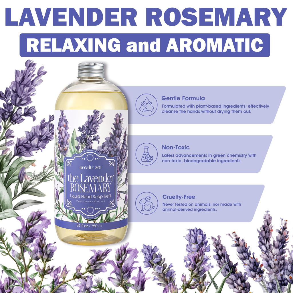 ROMIIE ZOI Liquid Hand Soap Refill Gift Set - 3 x 26.8 Fl Oz | Lavender Rosemary, Cruelty-Free & Biodegradable
