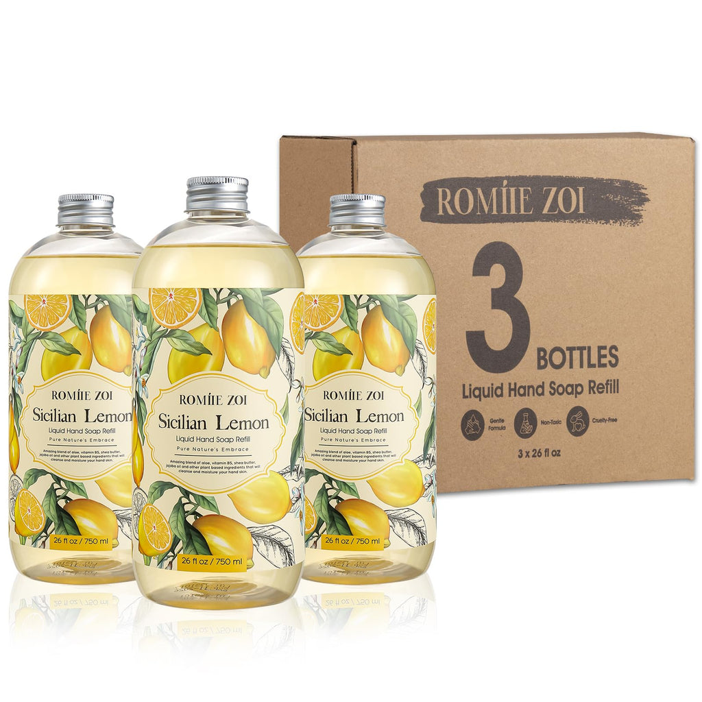 ROMIIE ZOI Lemon Scent Liquid Hand Soap Refills – Natural, Gentle & Moisturizing Formula – Family Size 3 Pack for Kitchen & Bathroom