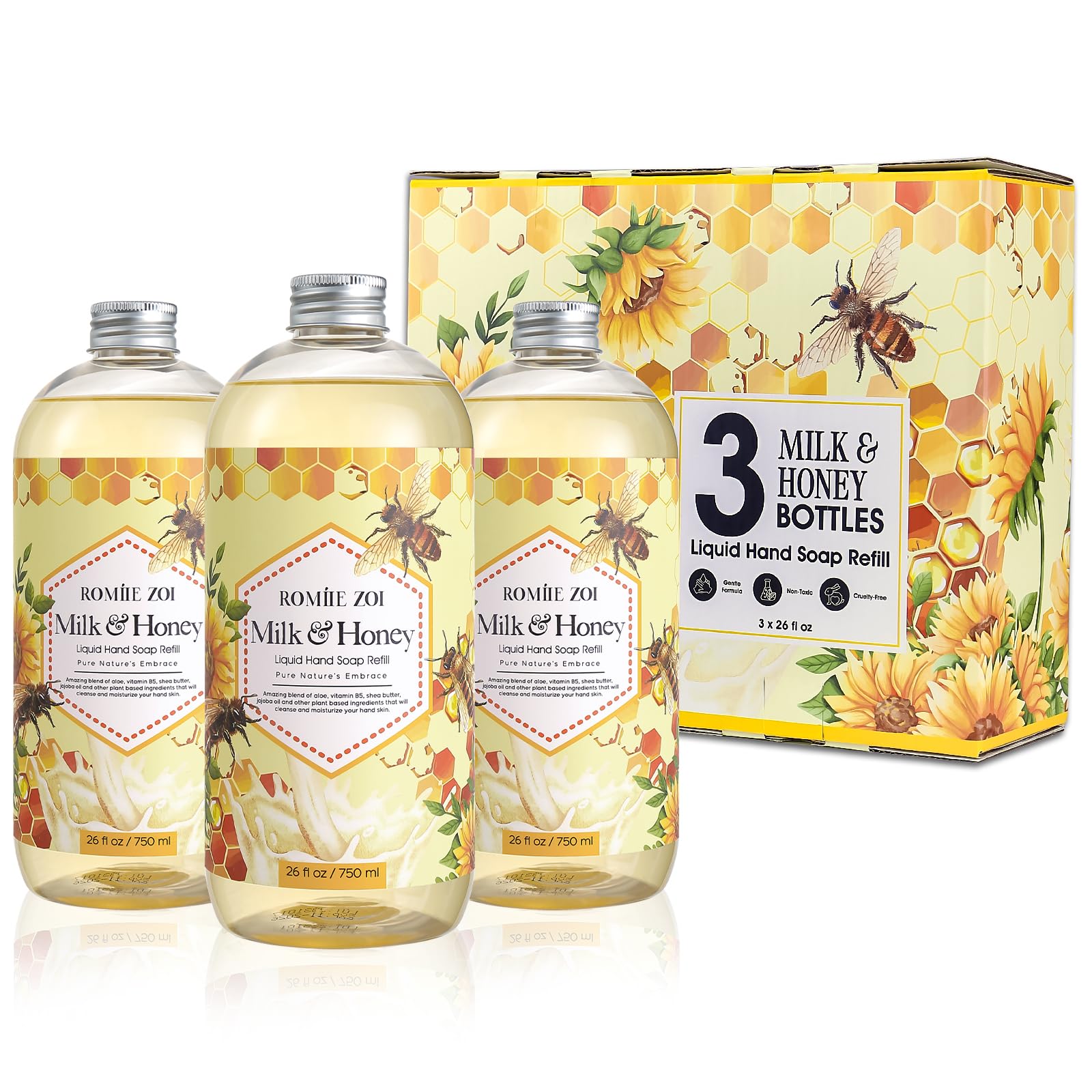 ROMIIE ZOI Liquid Hand Soap Refill Gift Set – 3 Pack (26 Fl Oz Each) Honey & Milk Scent