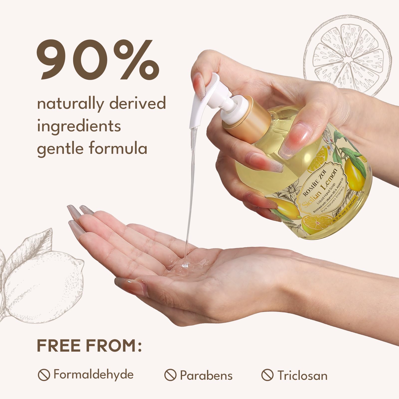 ROMIIE ZOI Lemon Scent Liquid Hand Soap Refills – Natural, Gentle & Moisturizing Formula – Family Size 3 Pack for Kitchen & Bathroom