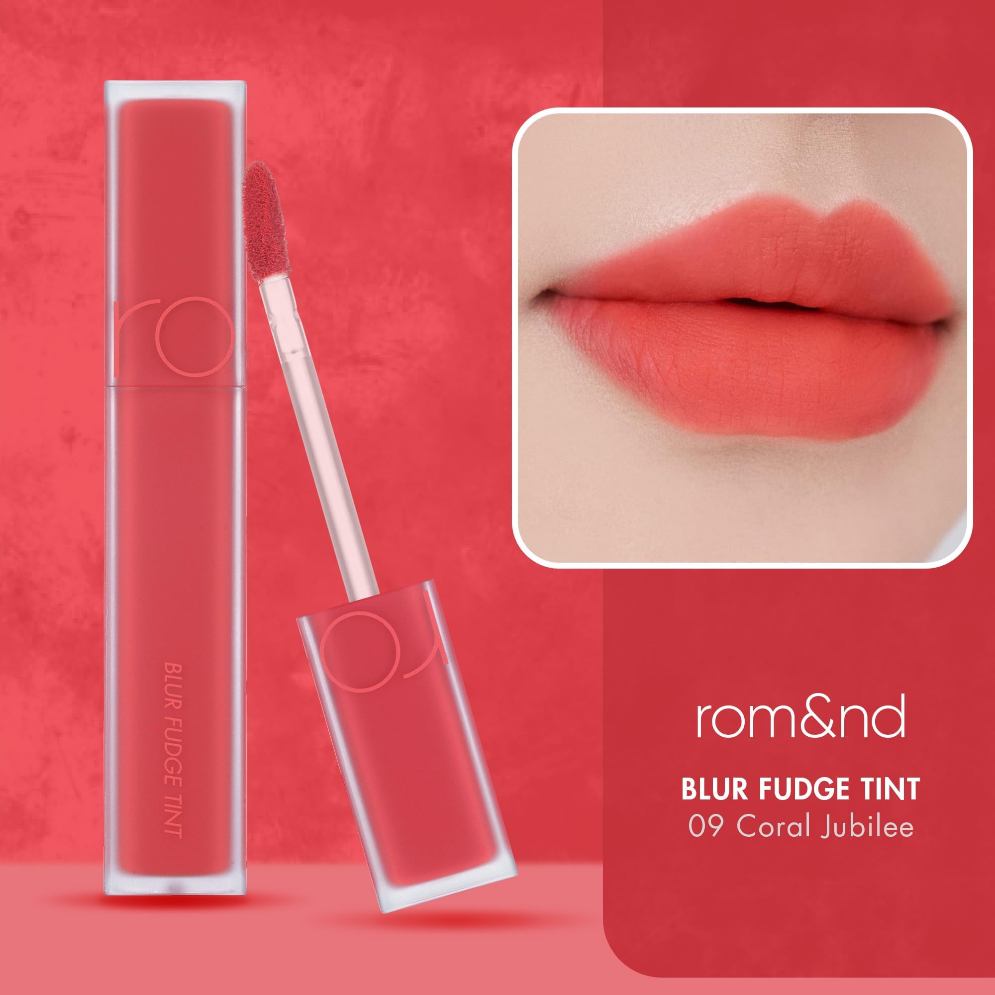 rom&nd Blur Fudge Tint 09 Coral Jubilee — K-Beauty Velvety Matte Lip Stain for All Skin Tones