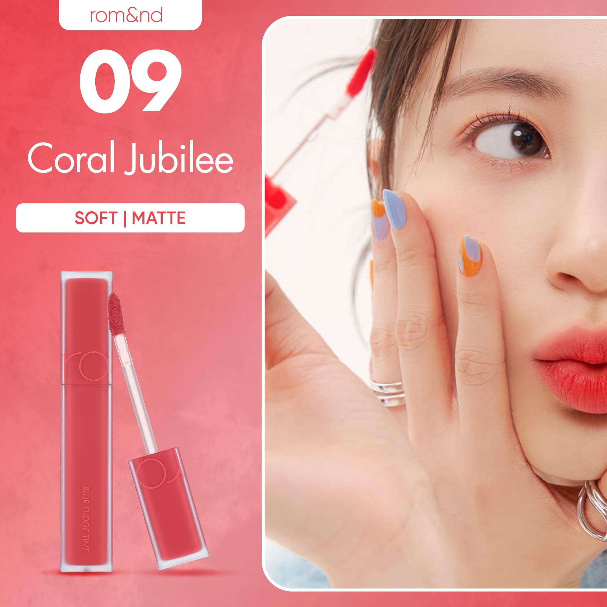 rom&nd Blur Fudge Tint 09 Coral Jubilee — K-Beauty Velvety Matte Lip Stain for All Skin Tones