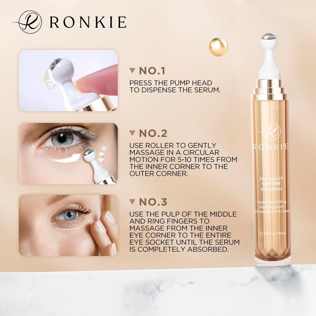 RONKIE Eye Cream for Dark Circles: Caffeine + Retinol for Brighter Eyes – Reduces Puffiness & Fine Lines (Gold)