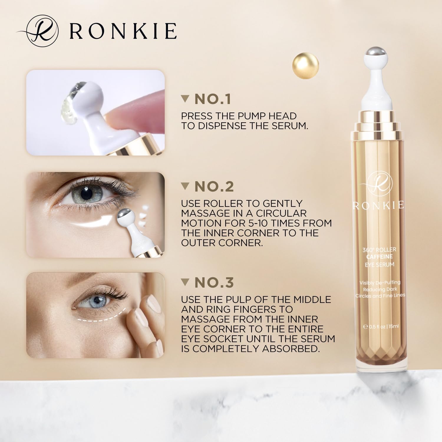 RONKIE Eye Cream for Dark Circles: Caffeine + Retinol for Brighter Eyes – Reduces Puffiness & Fine Lines (Gold)