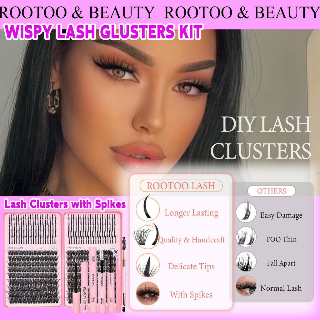Rootoo Lash Clusters Kit – 80D+80D Dense Lashes, 12–22mm, D Curl Fluffy Wispy Extensions