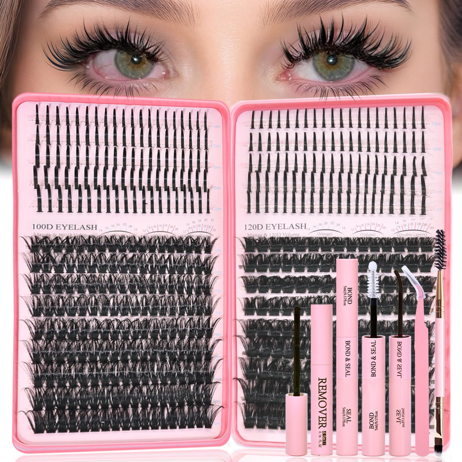 Rootoo Lash Clusters Kit with Spikes 100D/120D, 12–22mm D Curl Fluffy Wispy Extensions