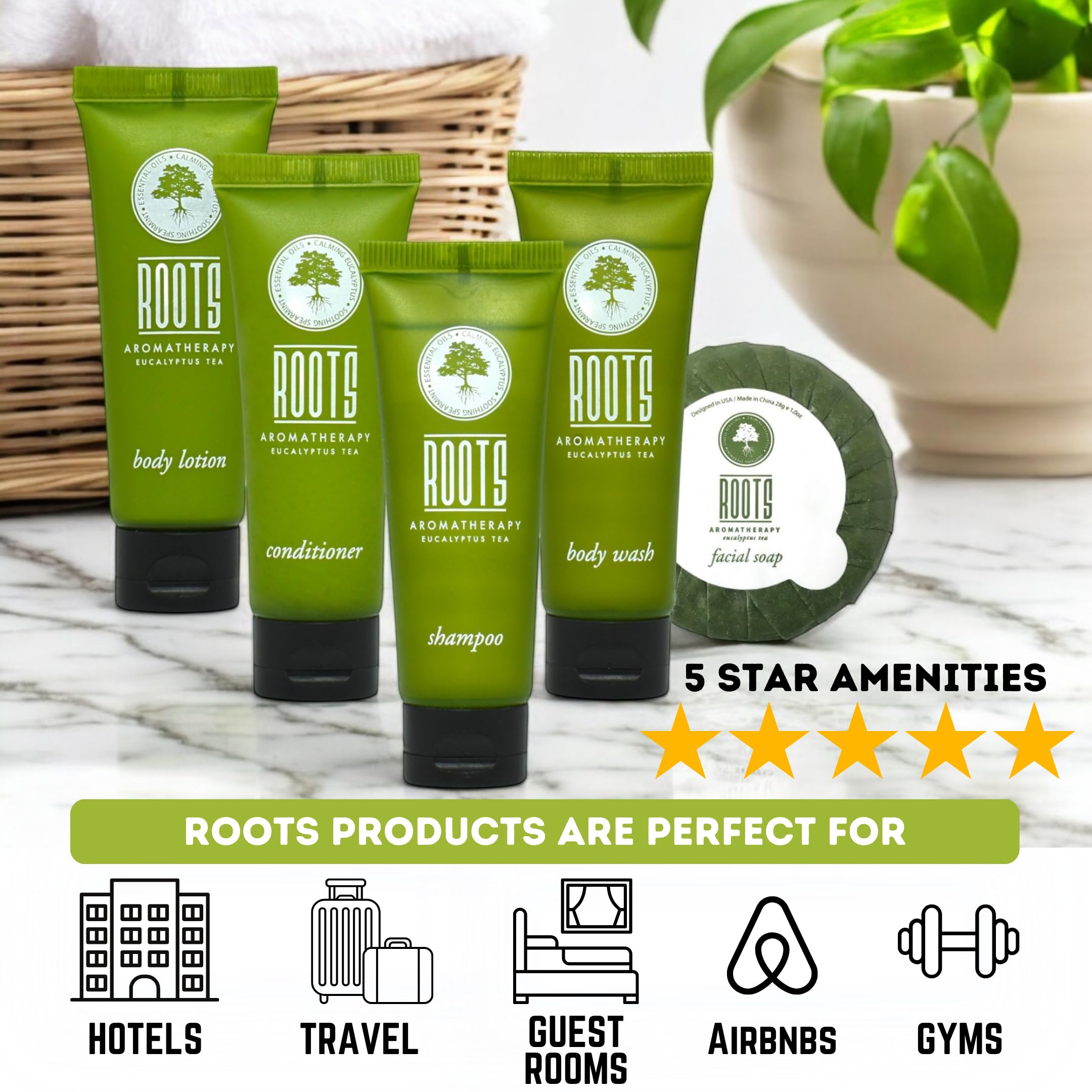 Roots Aromatherapy Travel Size Shampoo & Conditioner Sets – 150 Pcs Bulk Hotel Toiletries for Airbnb Hosts