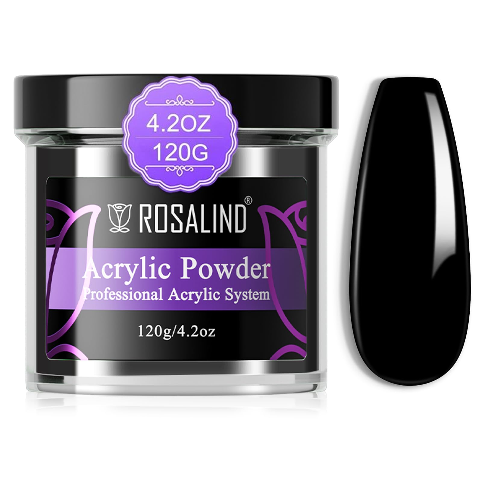 ROSALIND 120g Black Acrylic Powder for Nail Extensions – Dry Naturally, No Lamp Needed, Up to 28 Days Wear