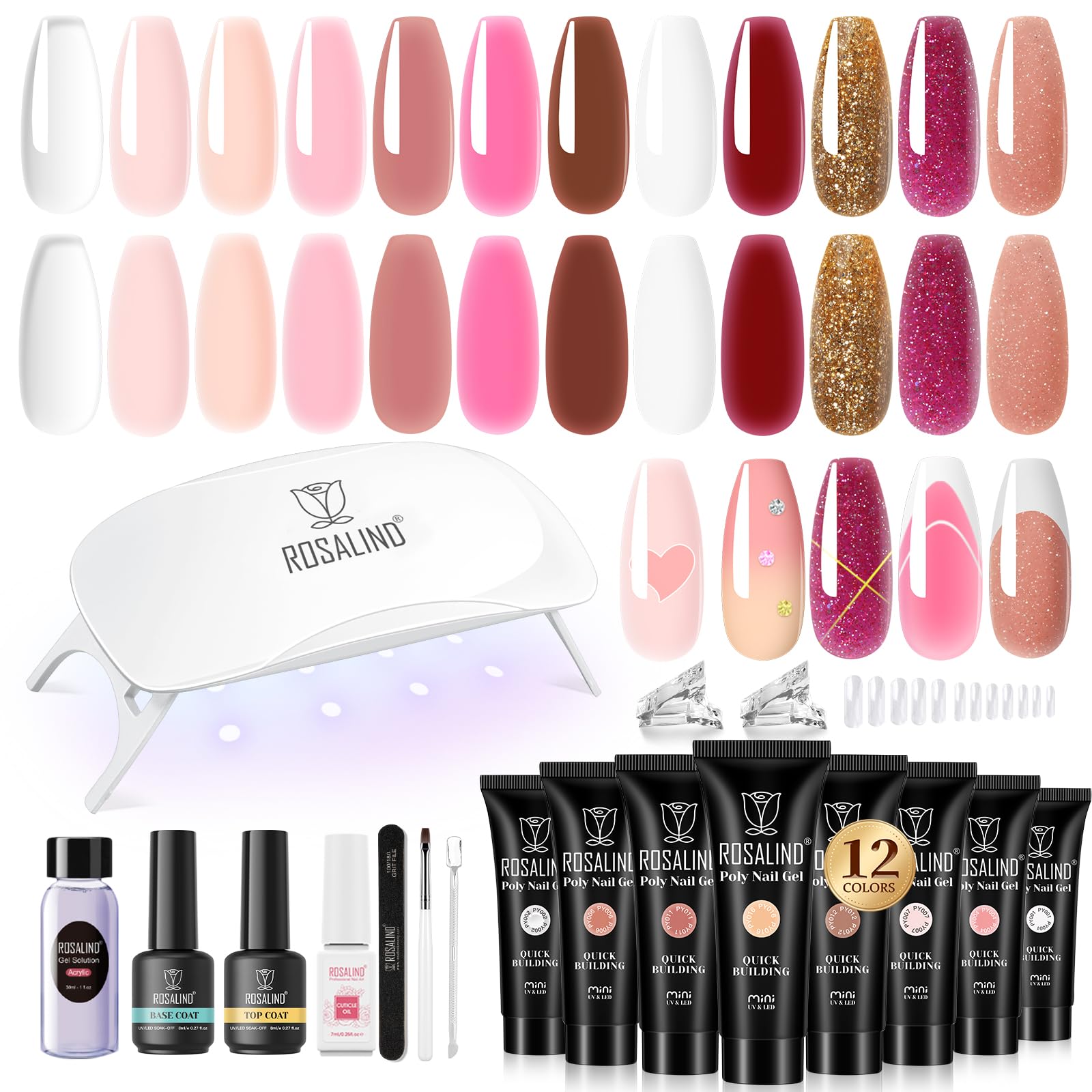 ROSALIND 12-Piece Pink & Brown Christmas Poly Nail Gel Kit + Mini Nail Lamp