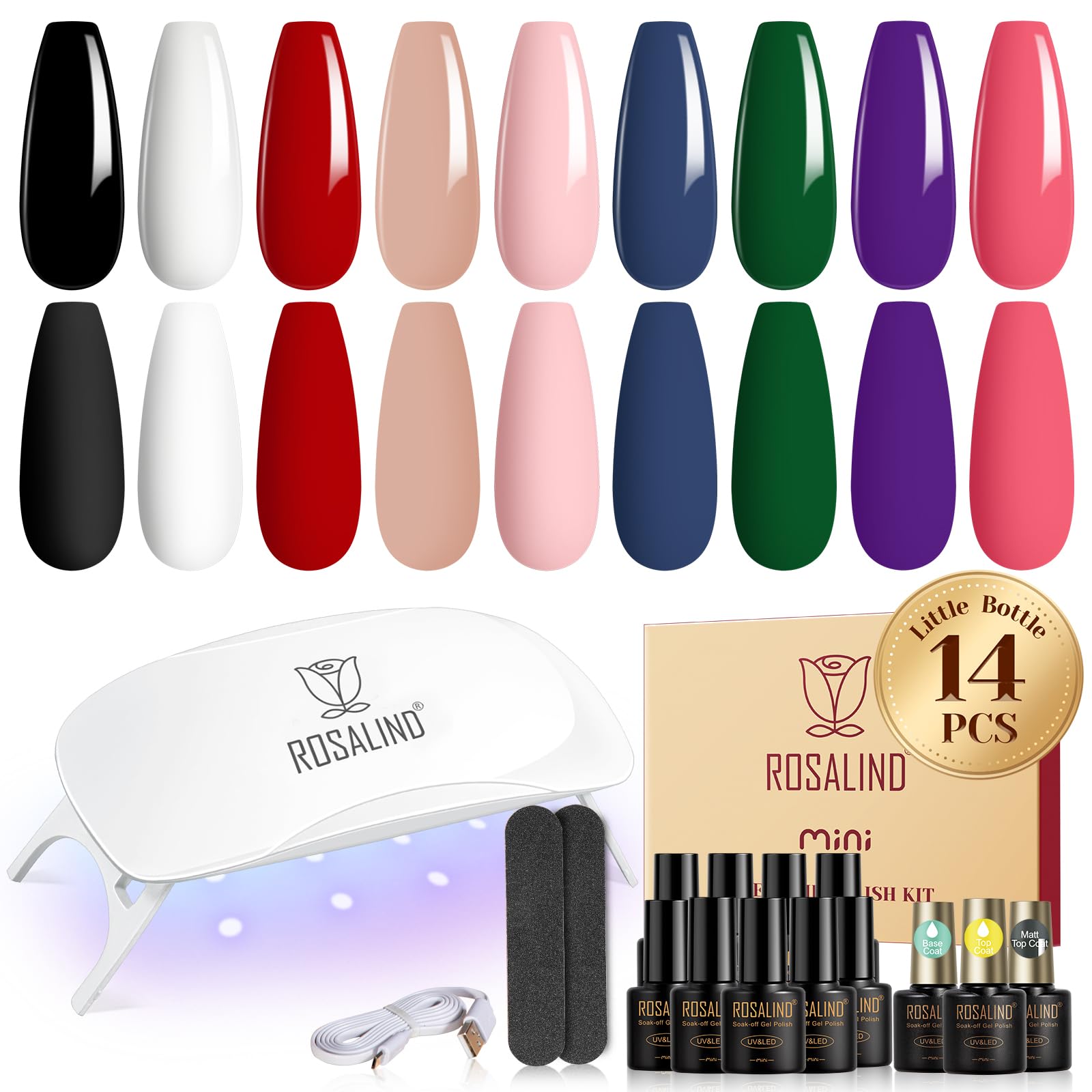 ROSALIND 14-Piece Gel Nail Polish Kit with Mini UV Lamp – 9 Colors, Base Coat, Glossy & Matte Top Coats