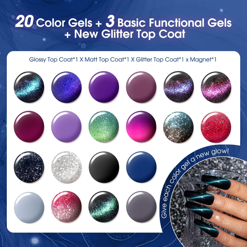 ROSALIND 24pcs Cat Eye Gel Nail Polish Set with Glitter Glossy & Matte Top Coats