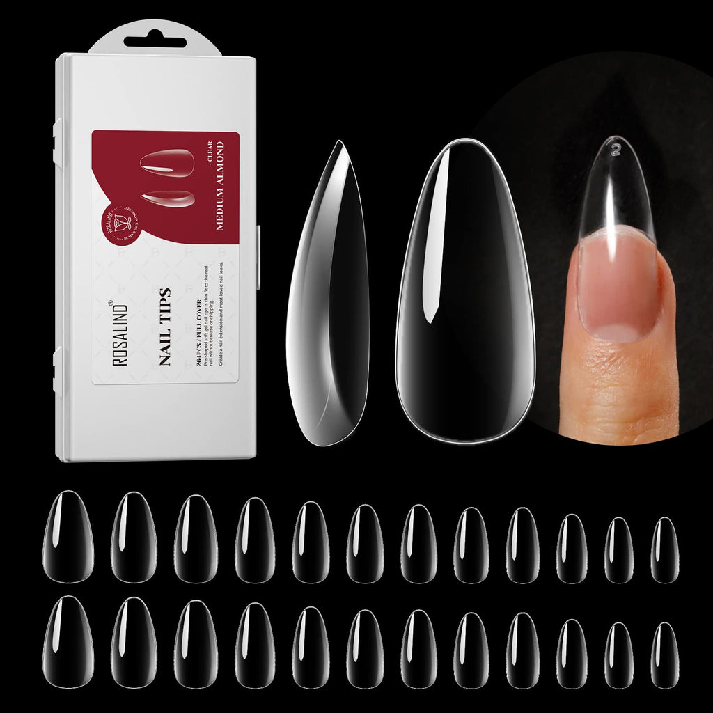 ROSALIND 264Pcs Clear Medium Almond Nail Tips | Full-Cover False Nails for DIY Extensions