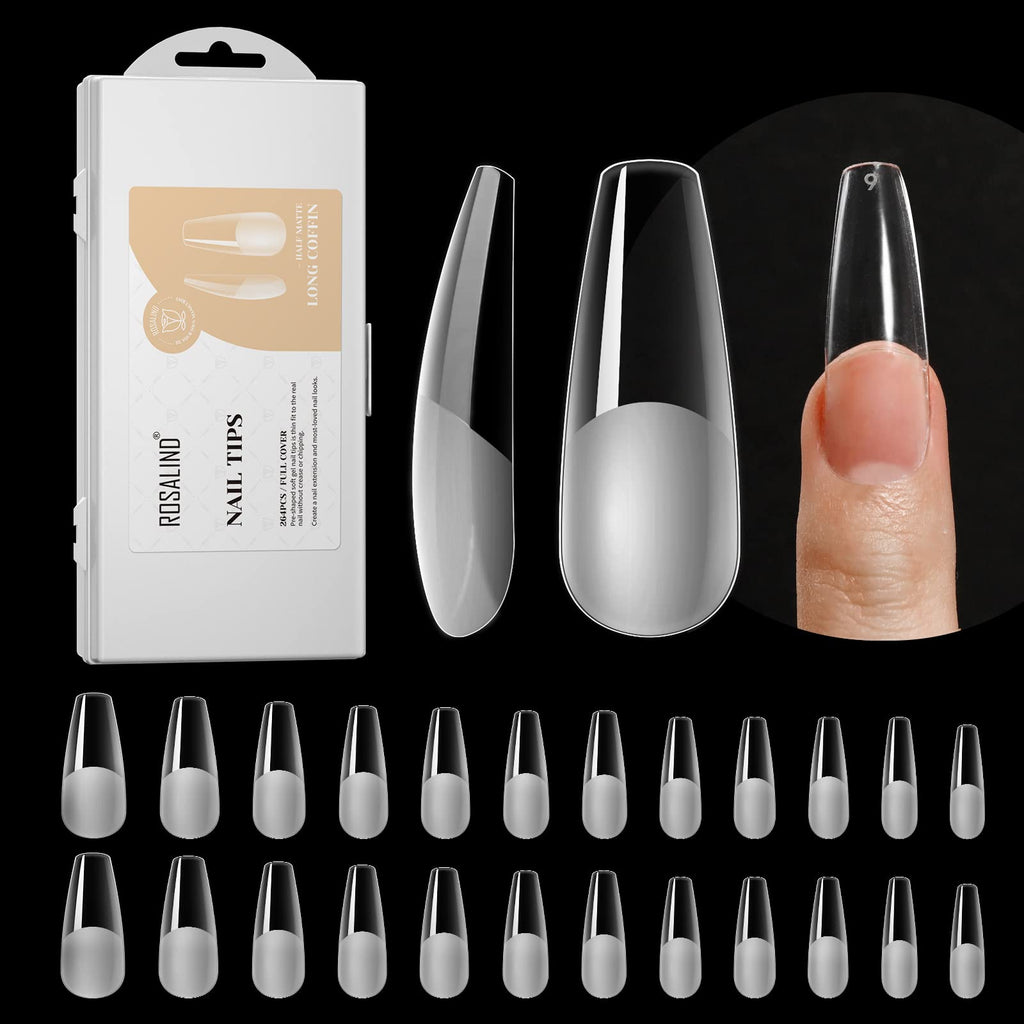 ROSALIND 264Pcs Half Matte Long Coffin Nail Tips – Soft Full Cover PMMA, 12 Sizes