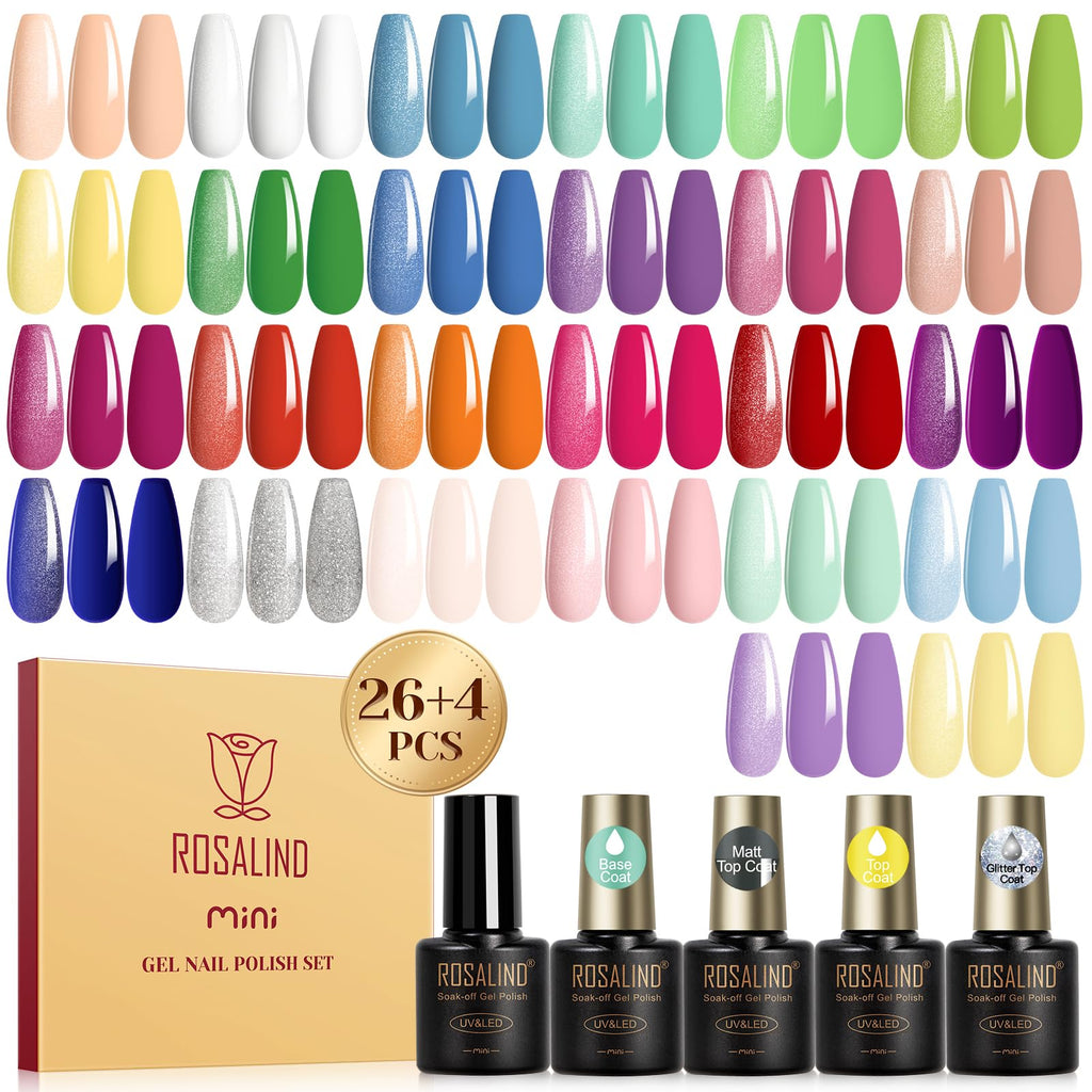 ROSALIND 30pcs Gel Nail Polish Set – 26 Neon Colors + Base Coat & Glitter Top Coats