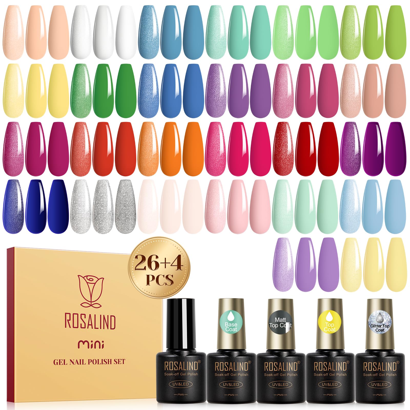 ROSALIND 30pcs Gel Nail Polish Set – 26 Neon Colors + Base Coat & Glitter Top Coats