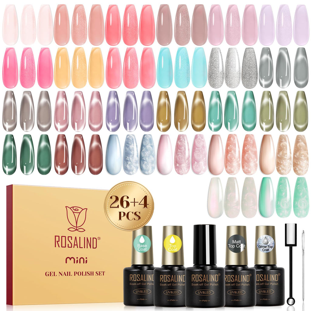 ROSALIND 30pcs Jelly Cat Eye Pearl Gel Polish Set – 26 Colors + Magnet