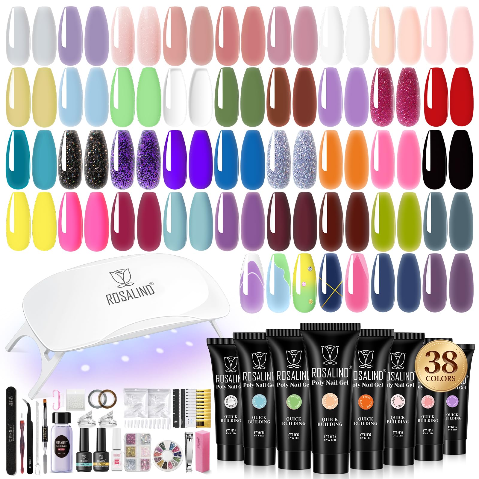 ROSALIND 38-Color Neon Nail Gel Kit with Mini Lamp | Beginner Friendly